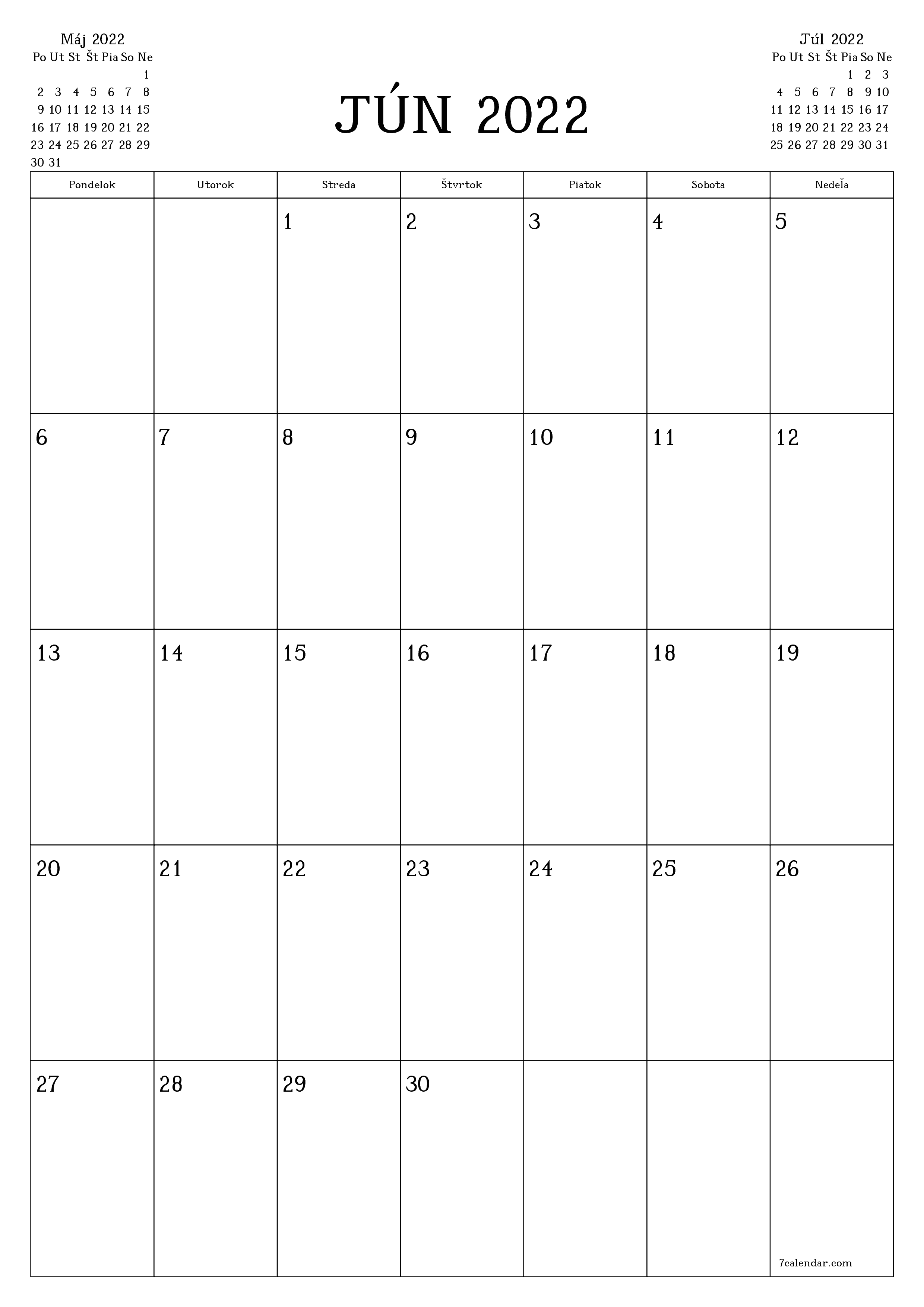 vytlačiteľný nástenný šablóna a bezplatný вертикальный Mesačne plánovač kalendár Jún (Jún) 2022