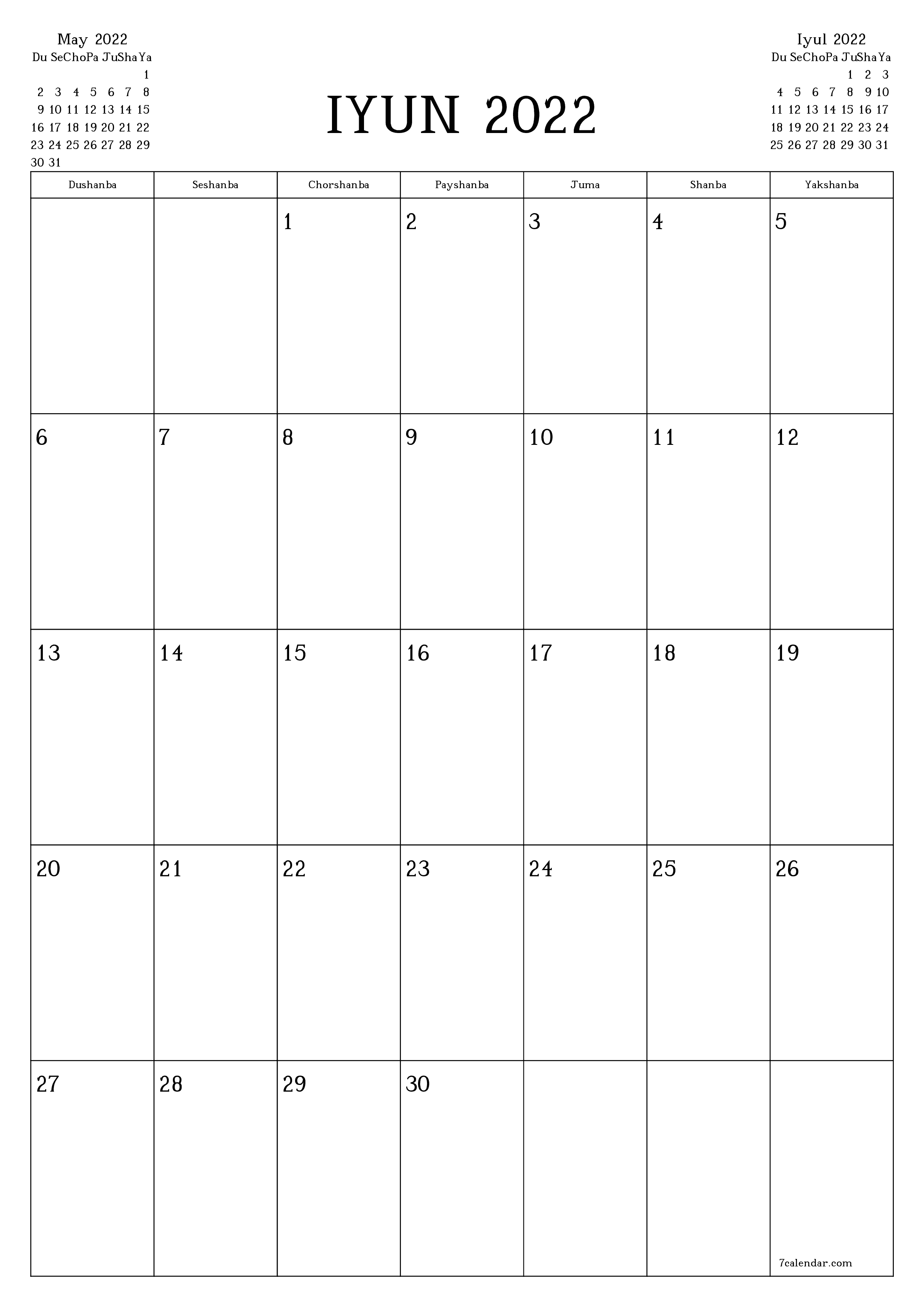 Iyun 2022 oylik oylik rejalashtiruvchini yozuvlar bilan bo'shatish, saqlash va PDF-ga chop etish PNG Uzbek