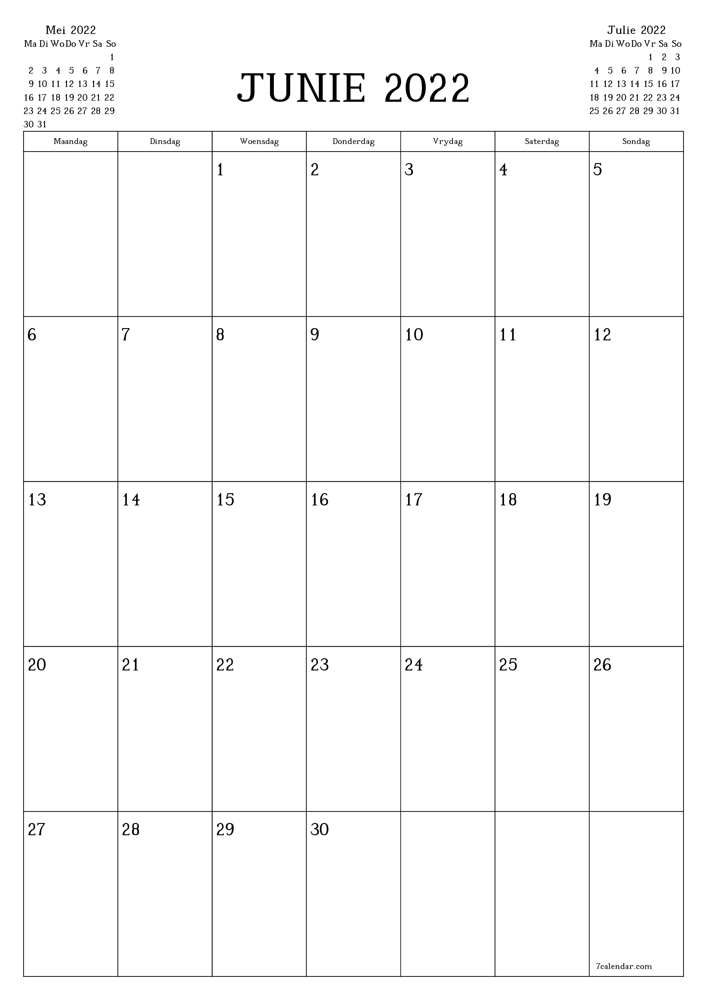 Leë maandelikse drukbare kalender en beplanner vir maand Junie 2022 met notas stoor en druk na PDF PNG Afrikaans