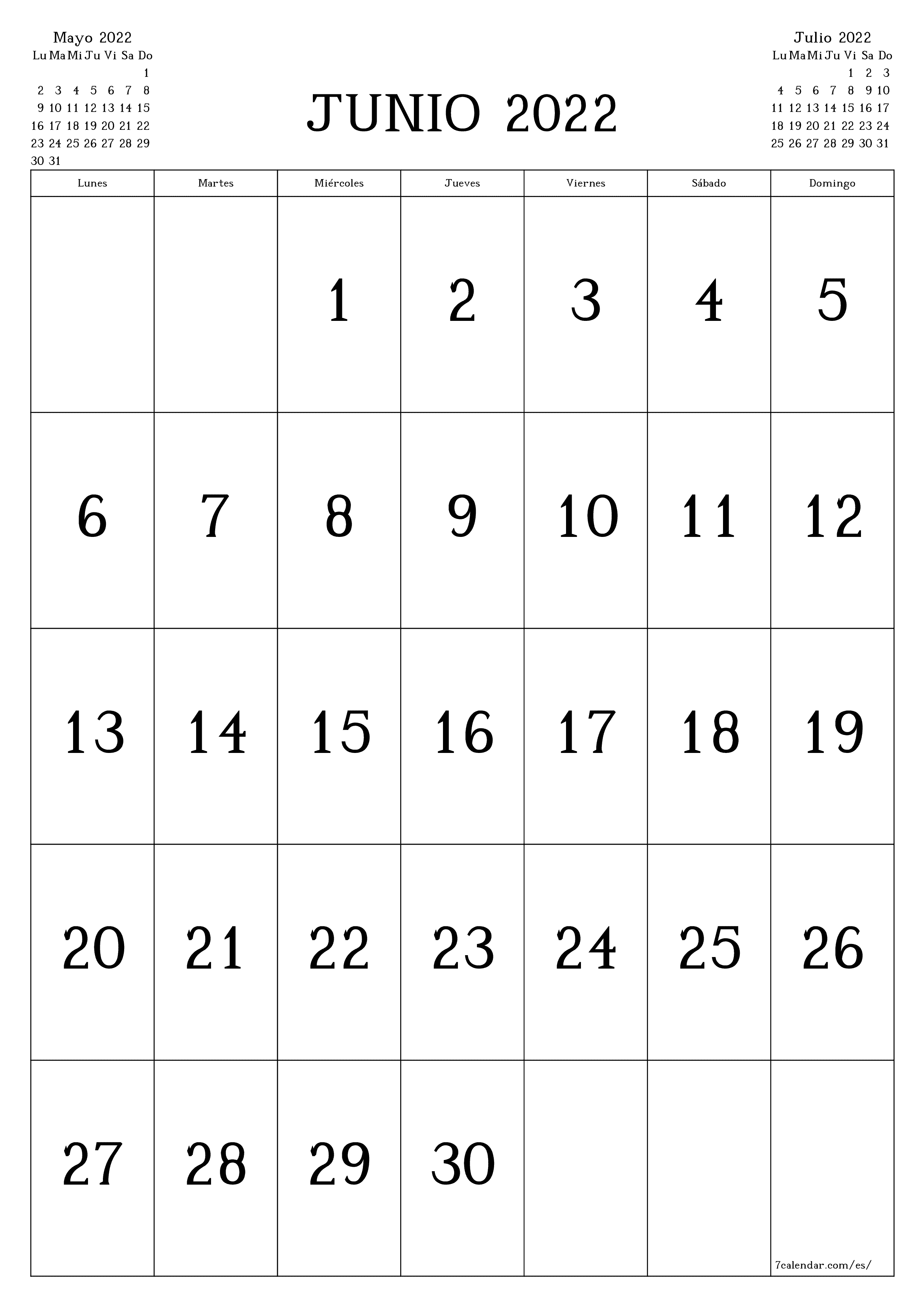 Calendario mensual en blanco para el mes Junio 2022 guardar e imprimir en PDF PNG Spanish - 7calendar.com