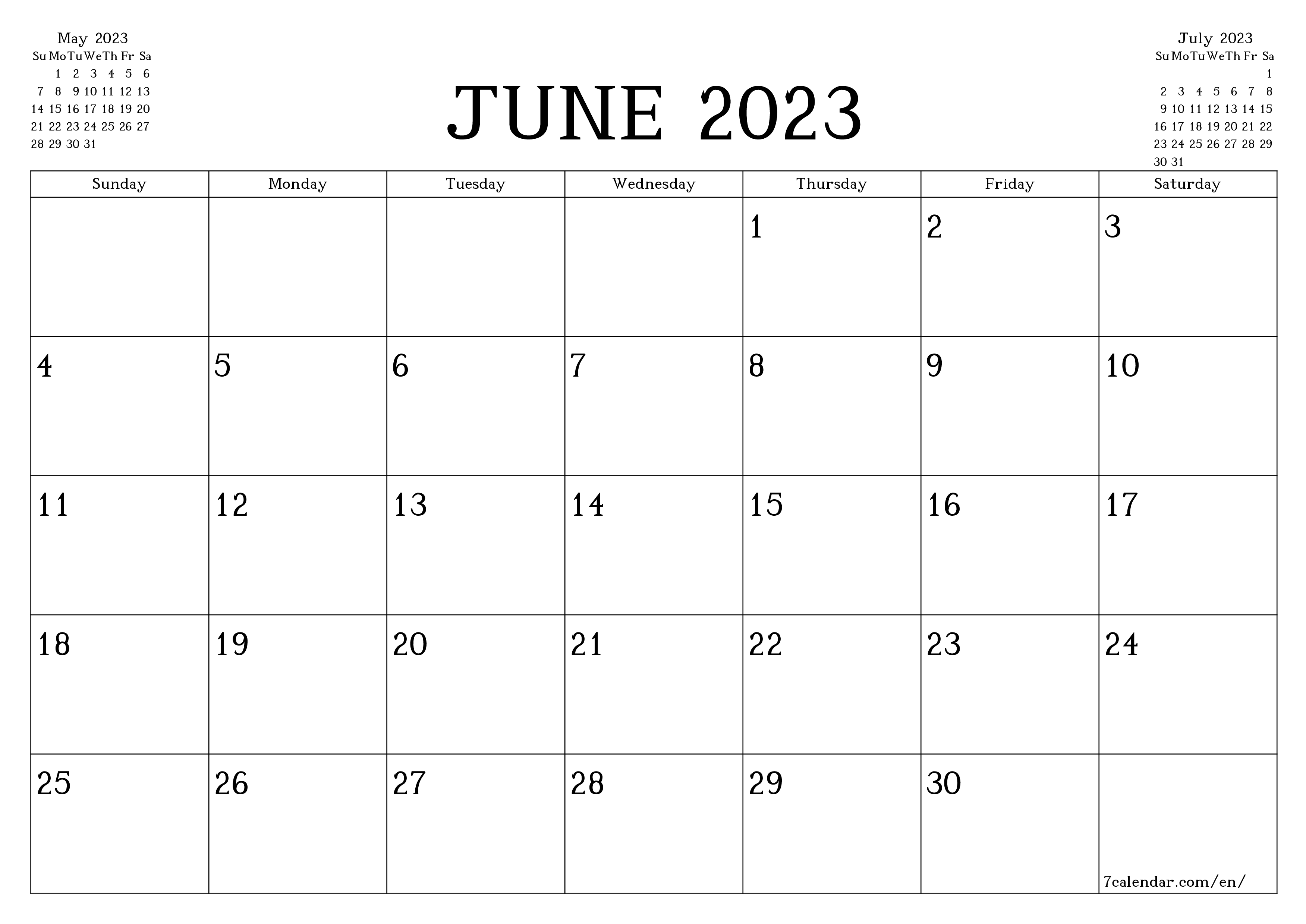 Blank monthly printable calendar and planner for month June 2023 with notes save and print to PDF PNG English - 7calendar.com