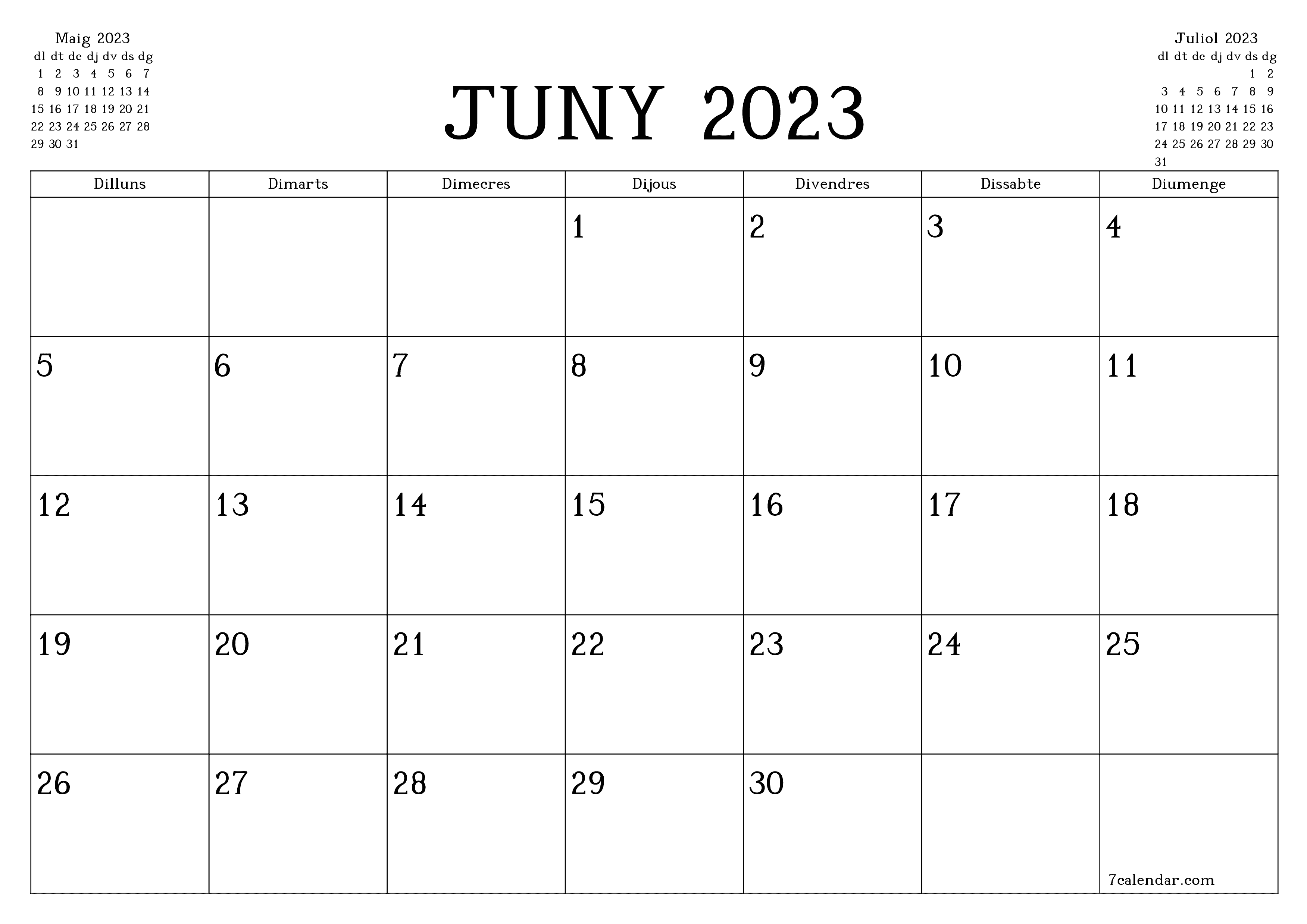 Planificador mensual buit del mes Juny 2023 amb notes, deseu-lo i imprimiu-lo en format PDF PNG Catalan - 7calendar.com