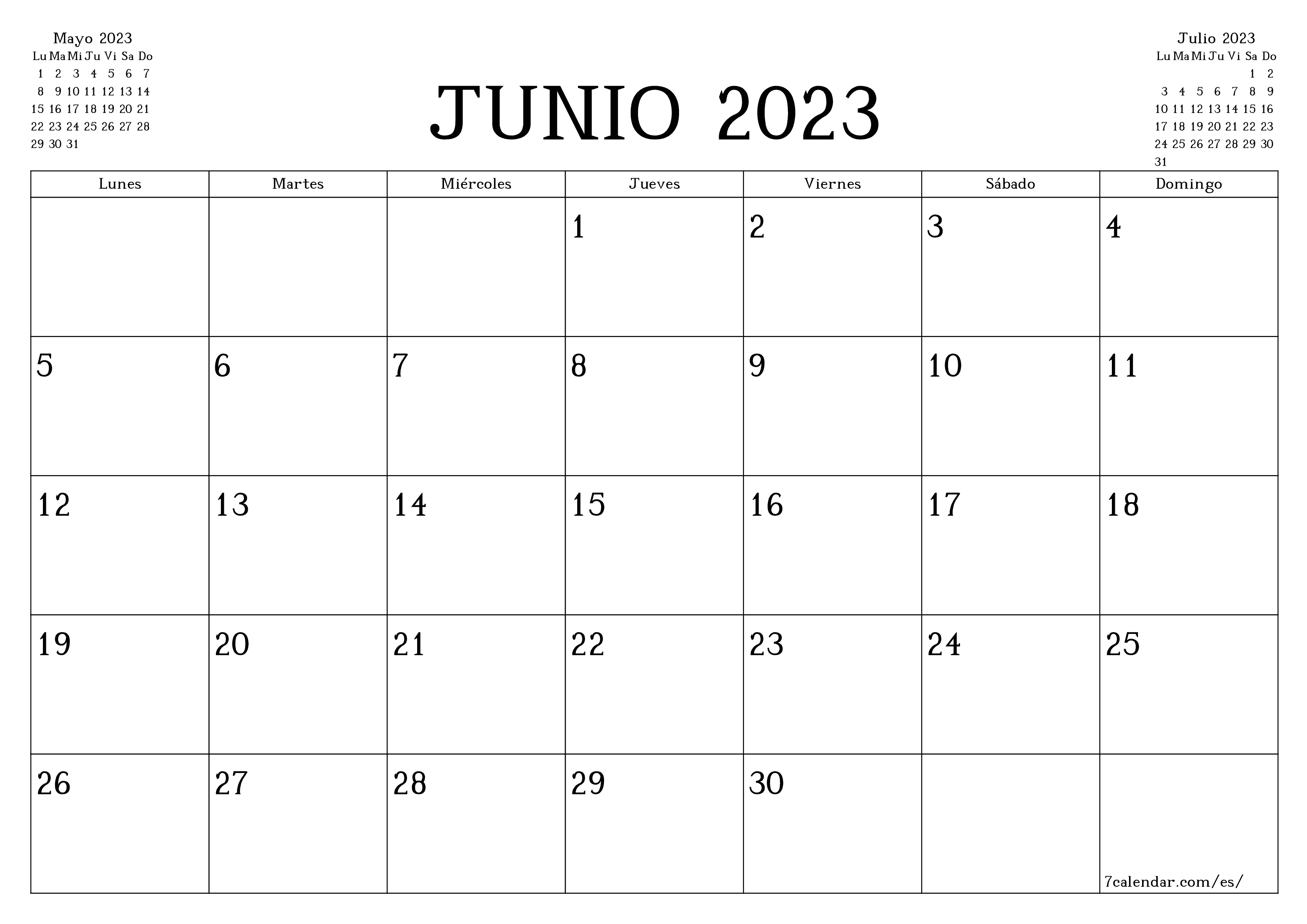 Planificador mensual vacío para el mes Junio 2023 con notas, guardar e imprimir en PDF PNG Spanish - 7calendar.com