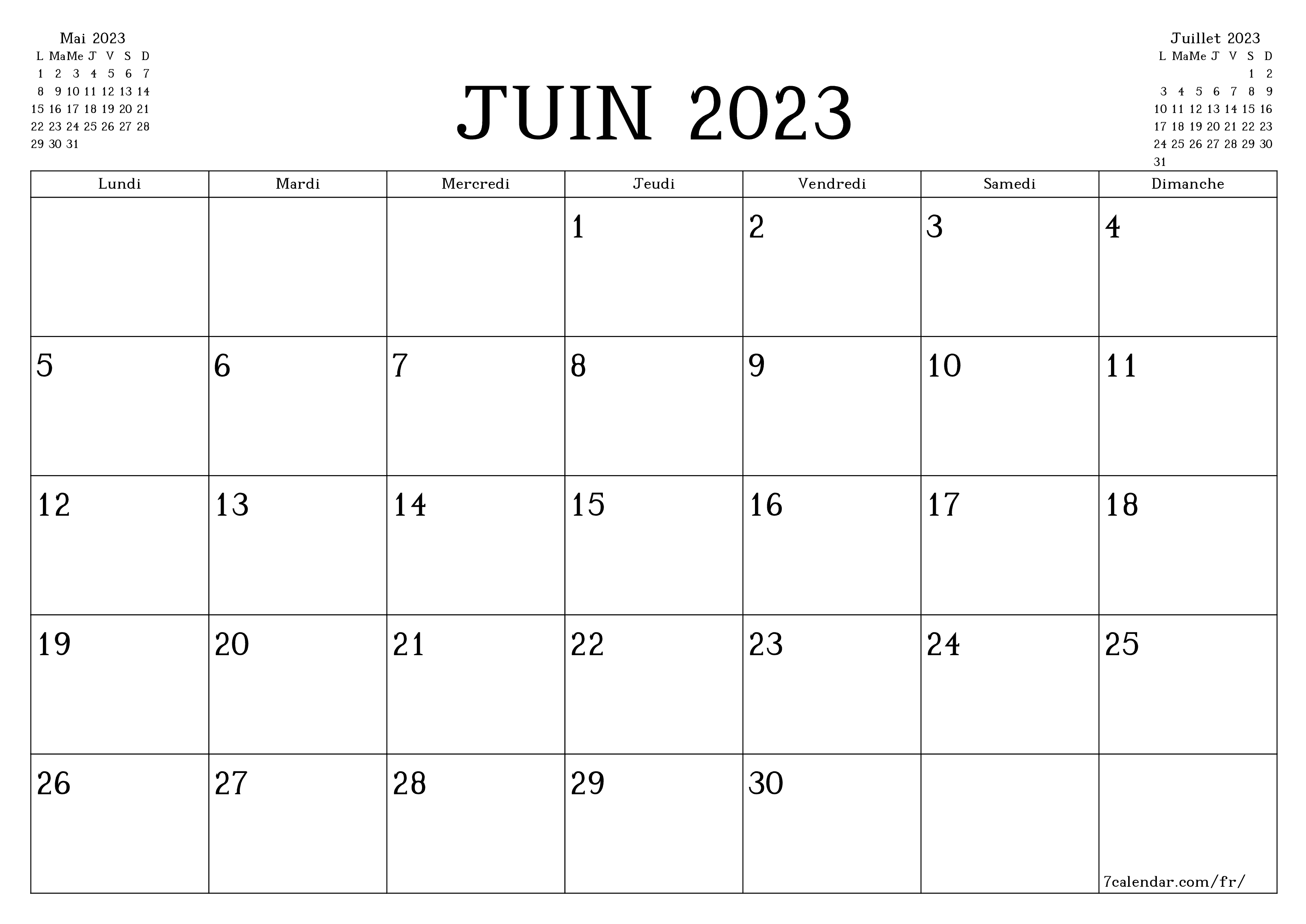 Agenda mensuel vide pour le mois Juin 2023 avec notes, enregistrez et imprimez au format PDF PNG French