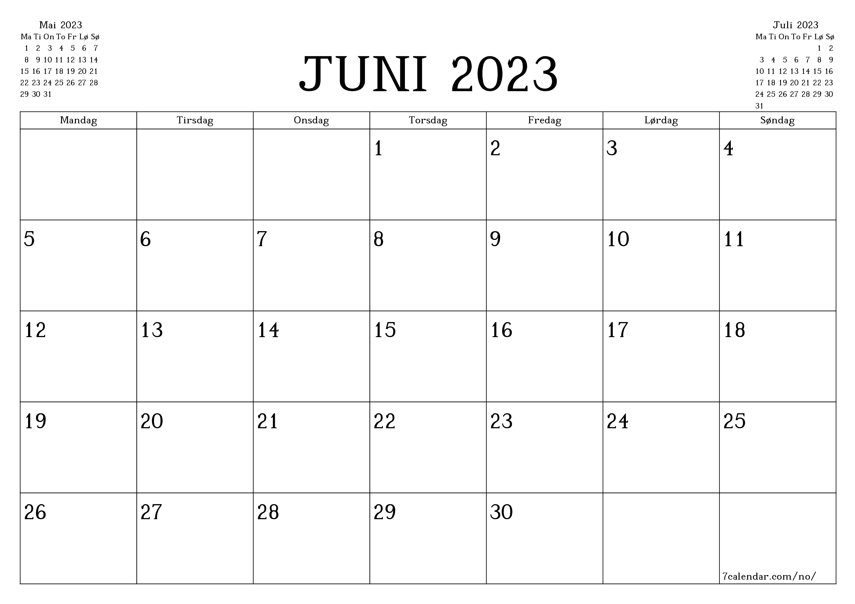 Tom månedlig planlegger for måned Juni 2023 med notater, lagre og skriv ut til PDF PNG Norwegian