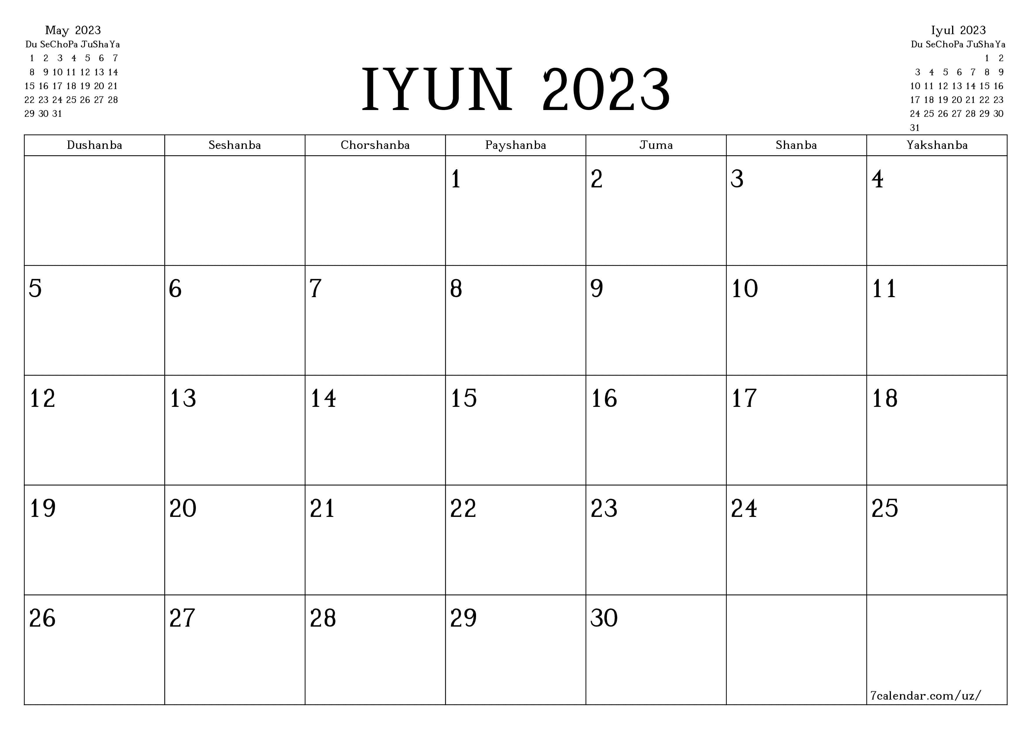 Iyun 2023 oylik oylik rejalashtiruvchini yozuvlar bilan bo'shatish, saqlash va PDF-ga chop etish PNG Uzbek