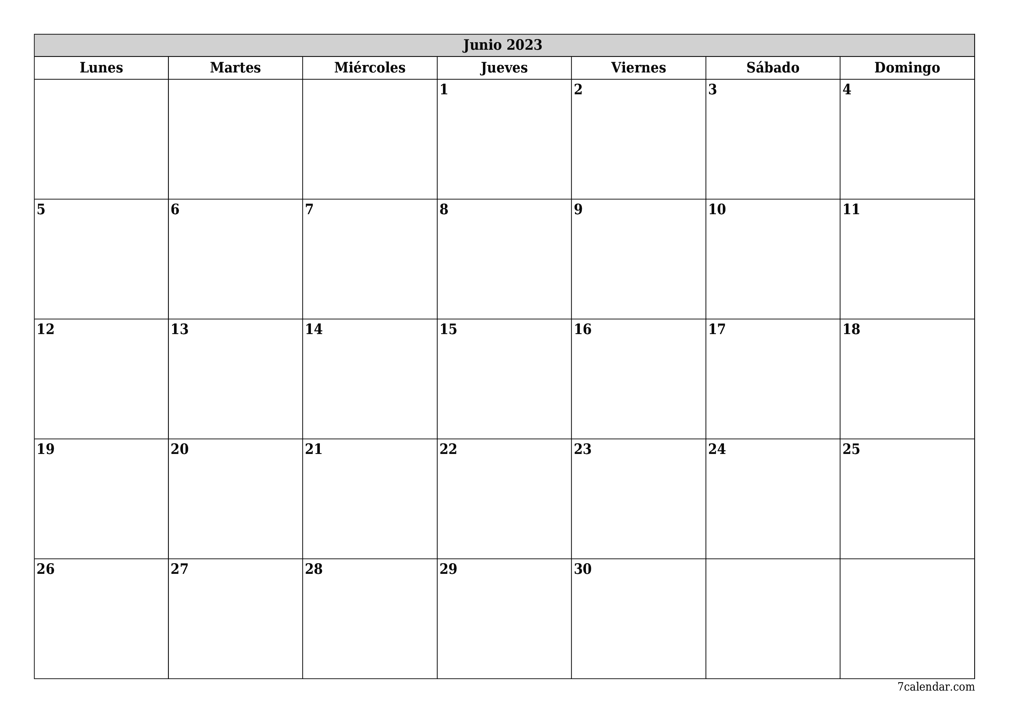 Planificador mensual vacío para el mes Junio 2023 con notas, guardar e imprimir en PDF PNG Spanish