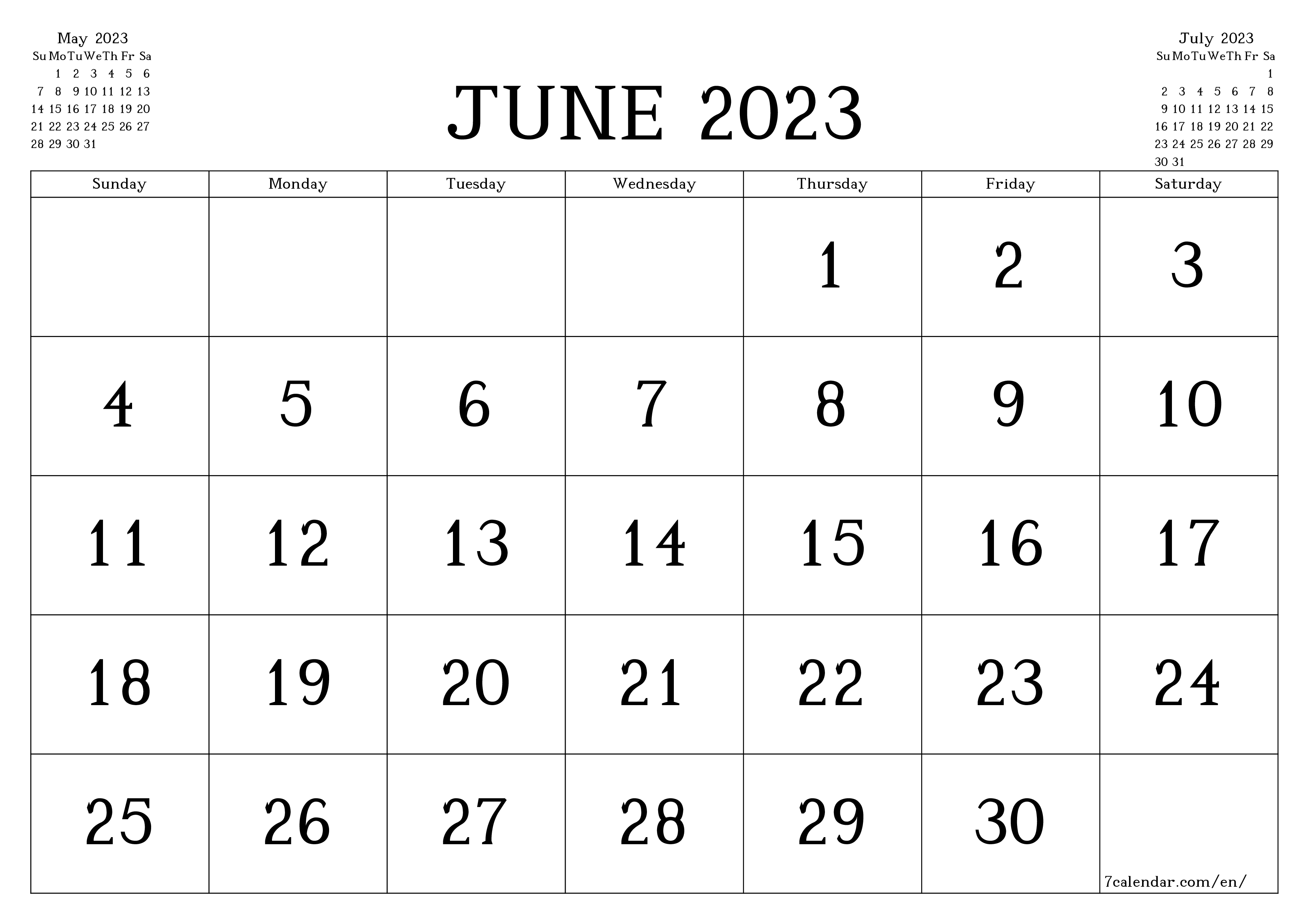 printable wall template free horizontal Monthly calendar June (Jun) 2023