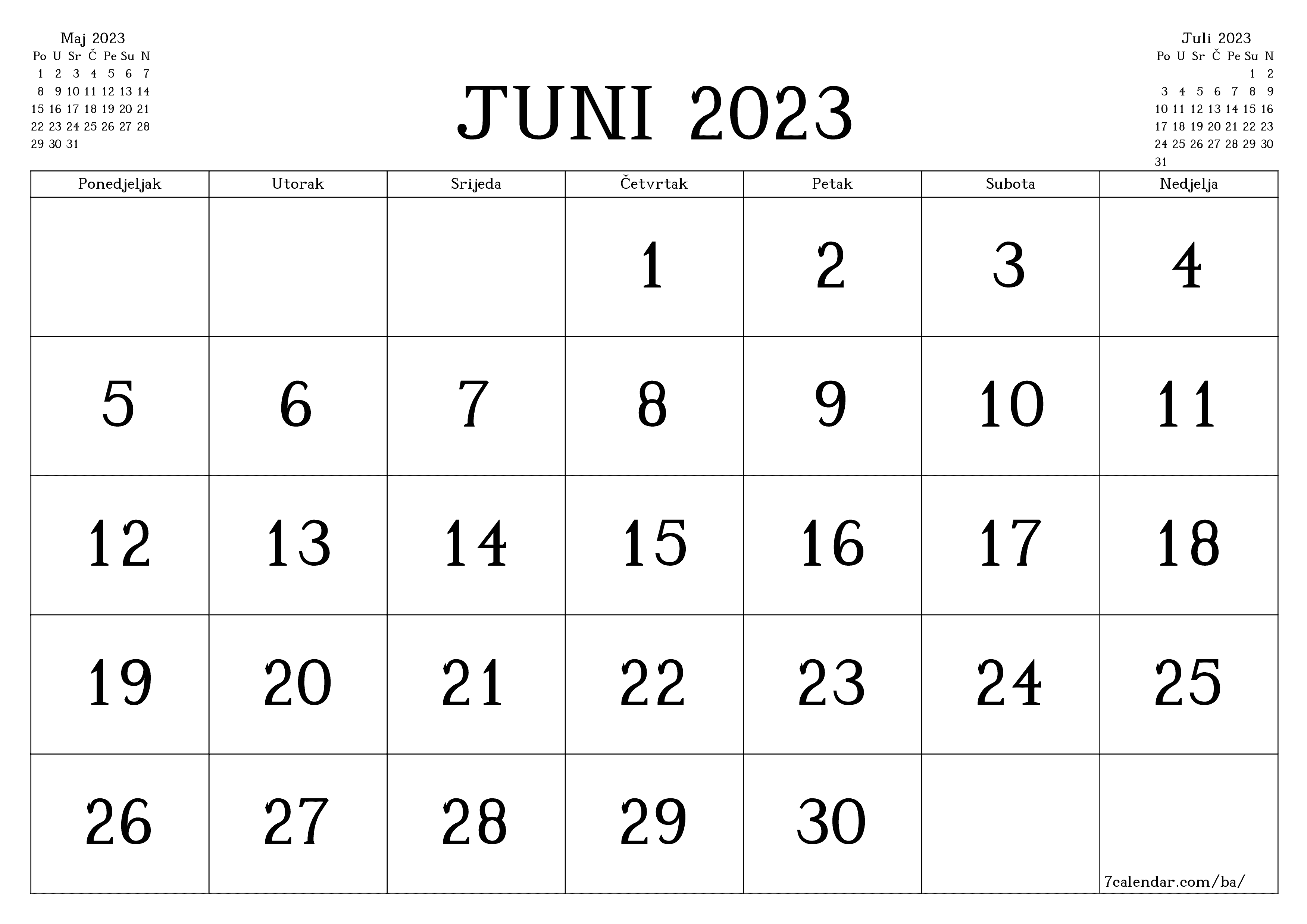 Ispraznite mjesečni planer za mjesec Juni 2023 s bilješkama, spremite i ispišite u PDF PNG Bosnian