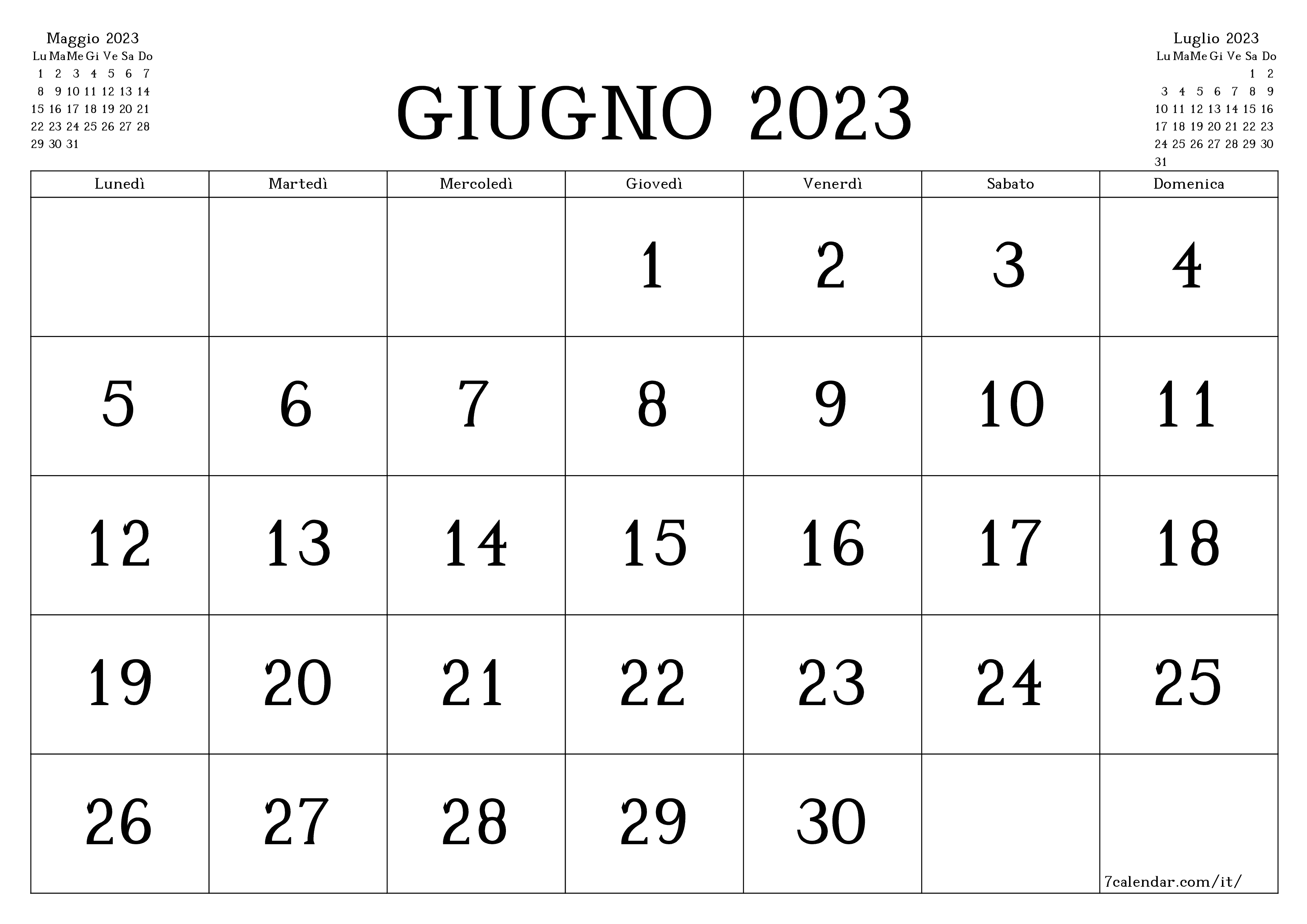 Pianificatore mensile vuoto per il mese Giugno 2023 con note, salva e stampa in PDF PNG Italian