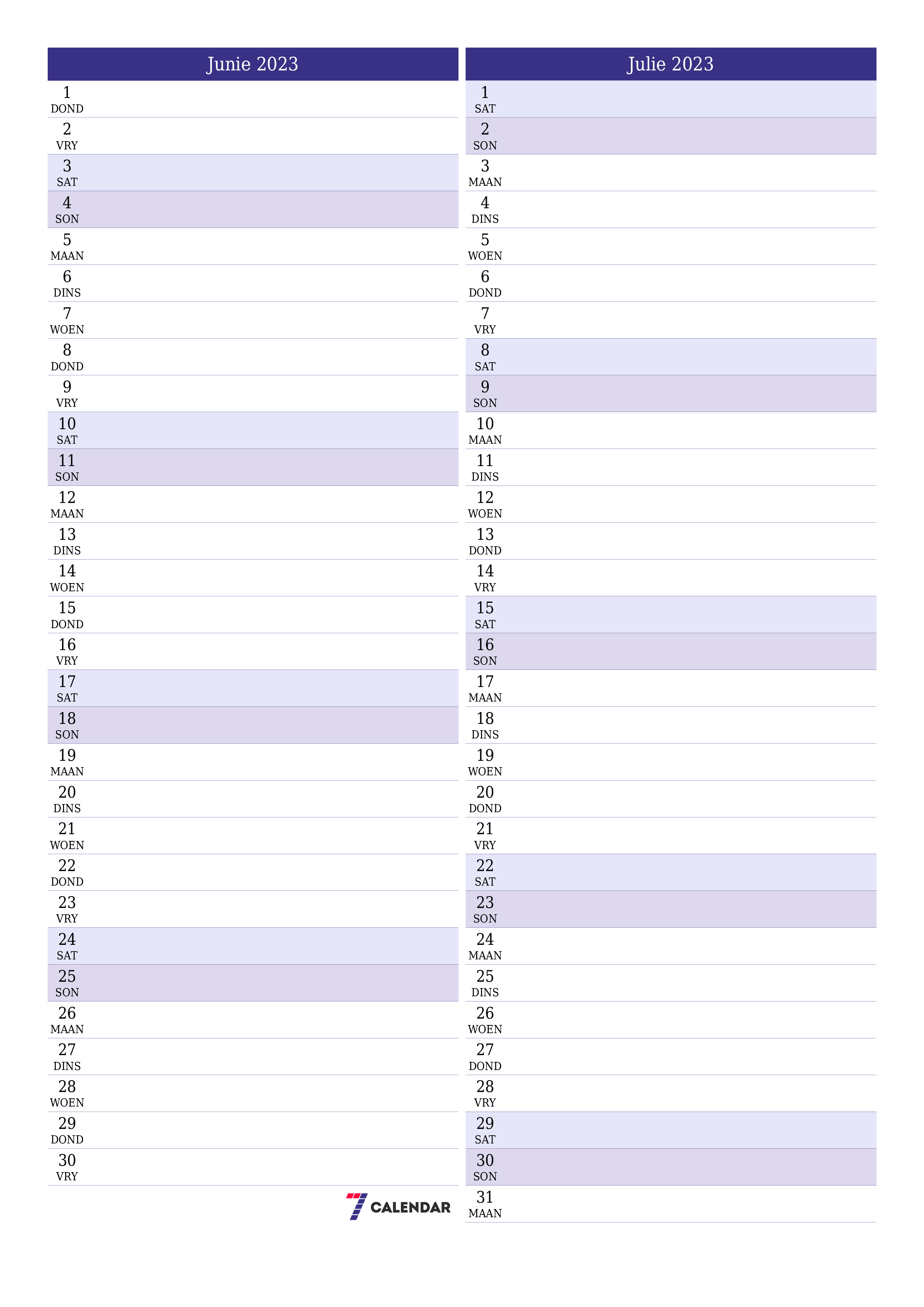 Leë maandelikse drukbare kalender en beplanner vir maand Junie 2023 met notas stoor en druk na PDF PNG Afrikaans