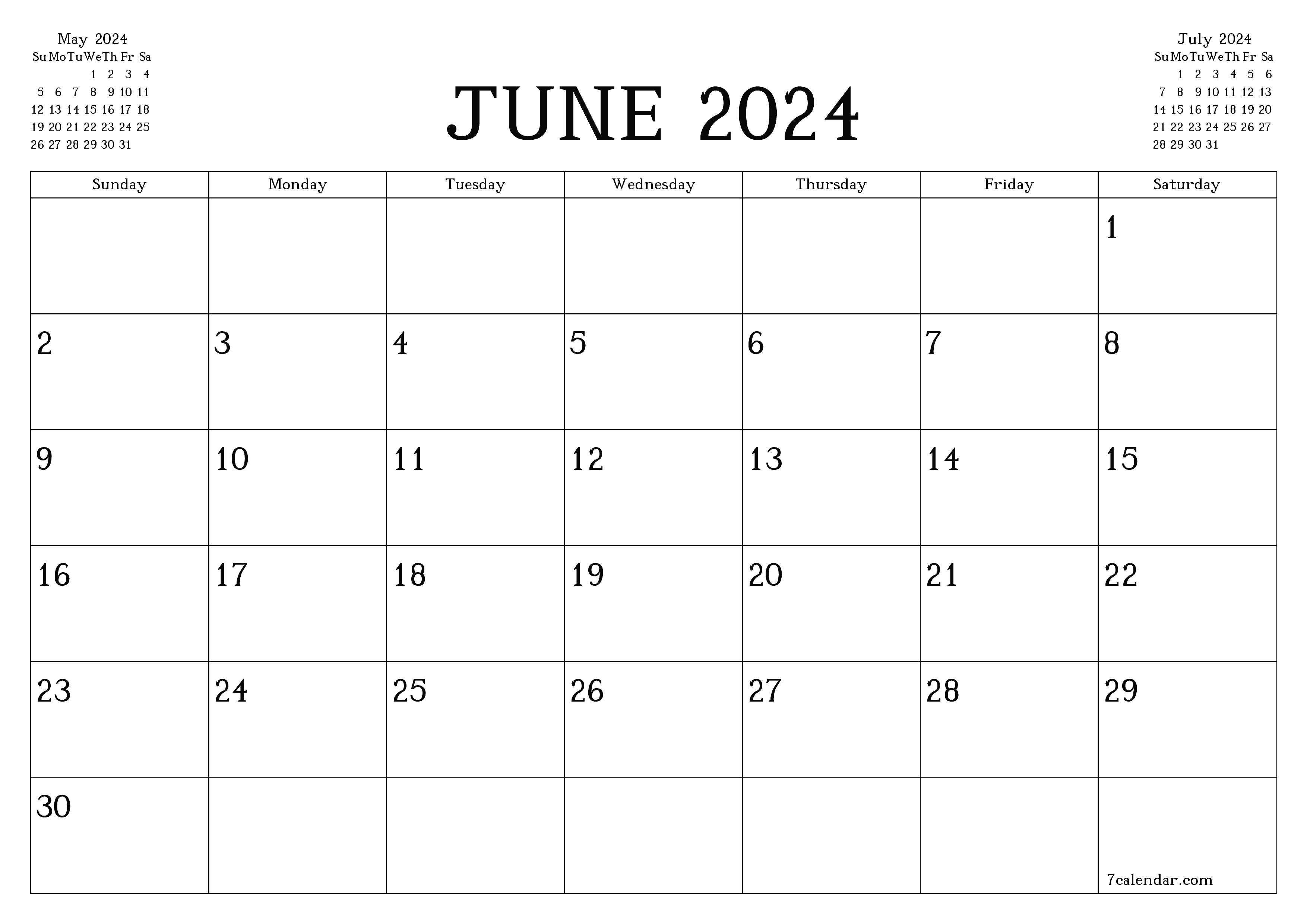 Blank monthly printable calendar and planner for month June 2024 with notes save and print to PDF PNG English