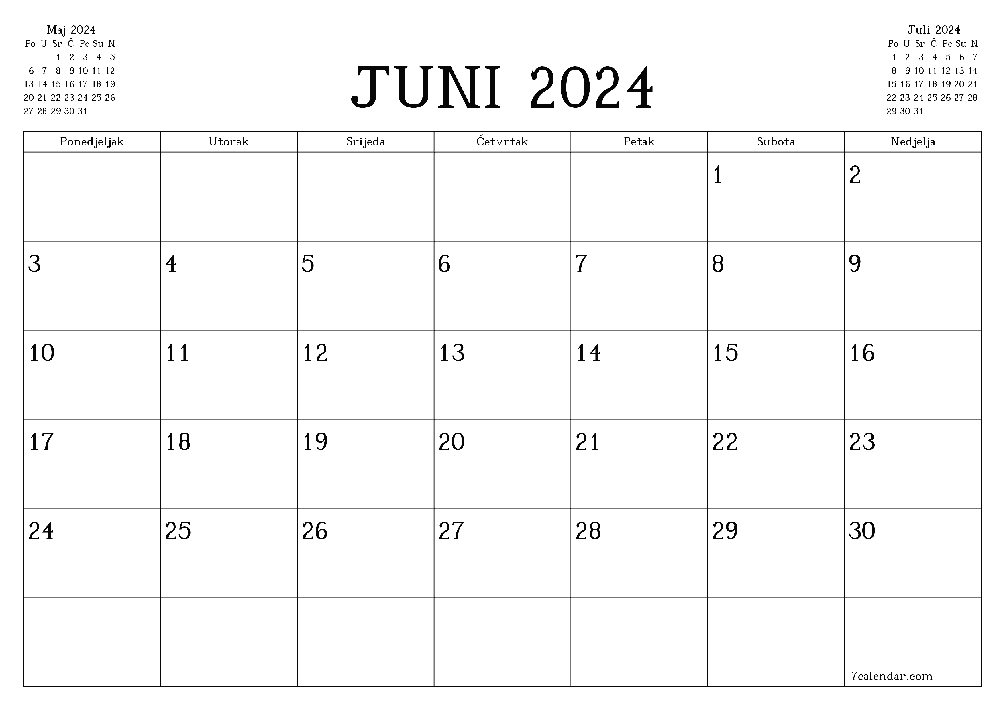 Ispraznite mjesečni planer za mjesec Juni 2024 s bilješkama, spremite i ispišite u PDF PNG Bosnian
