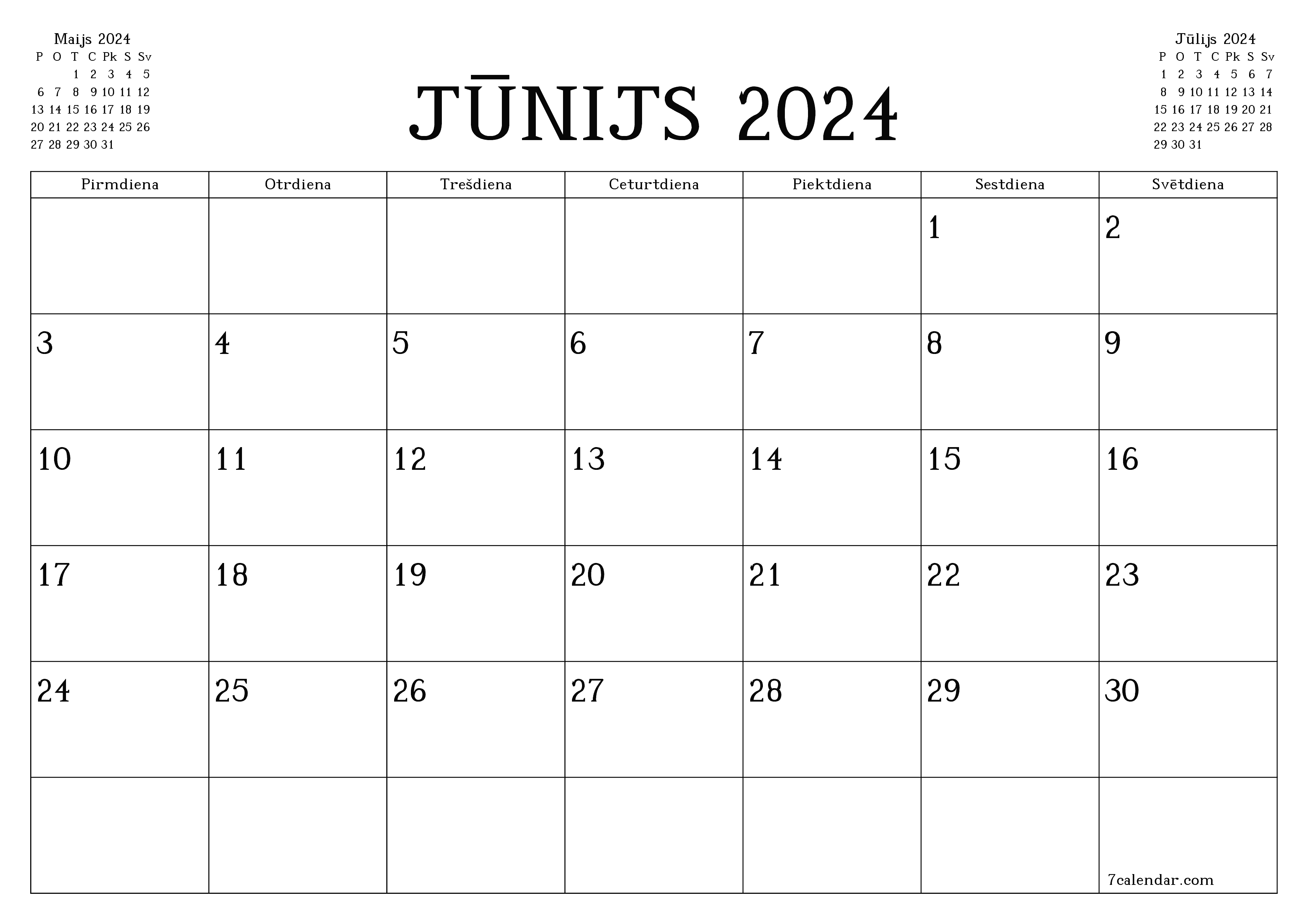 Iztukšot mēneša plānotāju mēnesim Jūnijs 2024 ar piezīmēm, saglabāt un izdrukāt PDF formātā PNG Latvian
