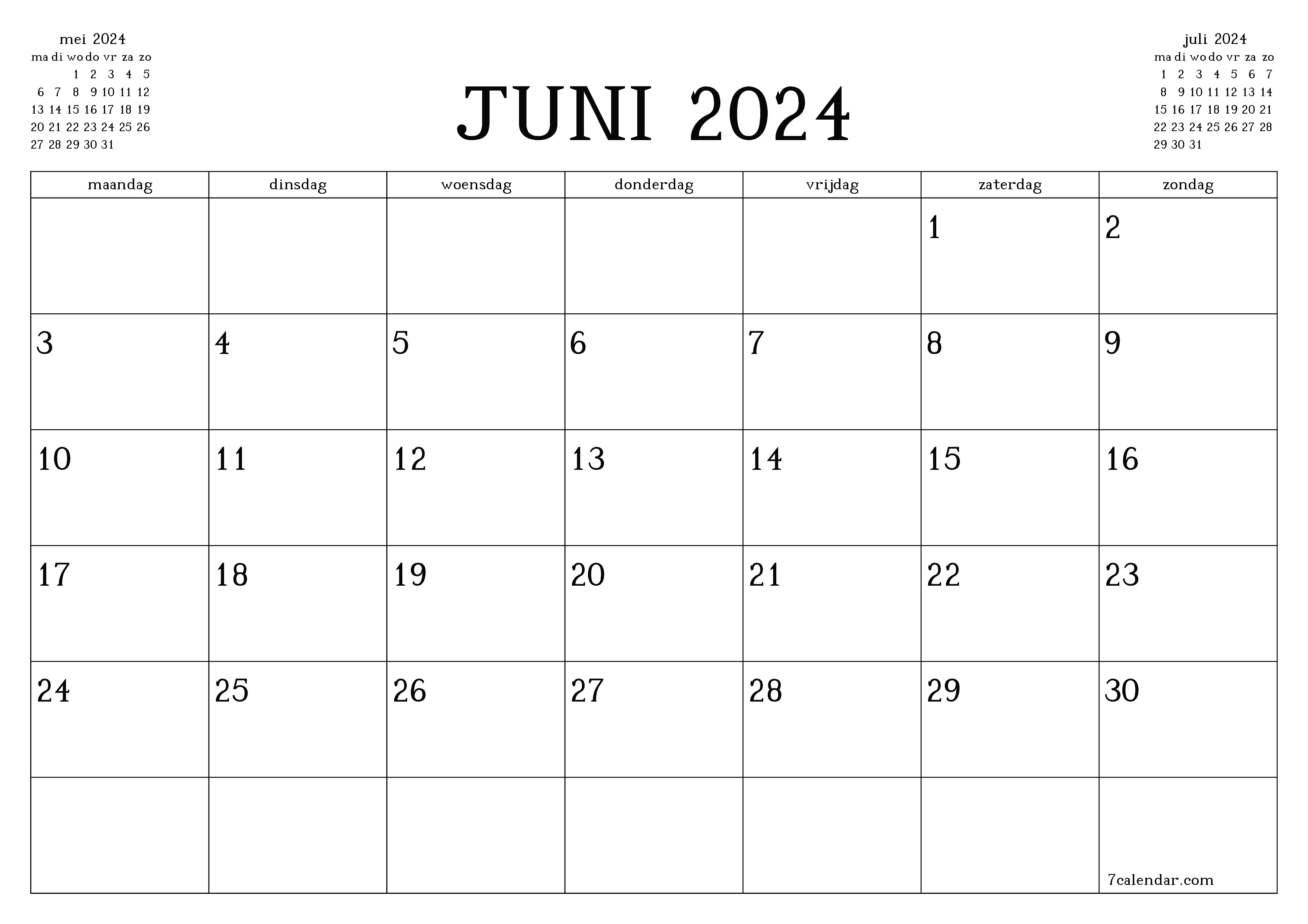 Lege maandplanner voor maand juni 2024 met notities, opslaan en afdrukken naar pdf PNG Dutch