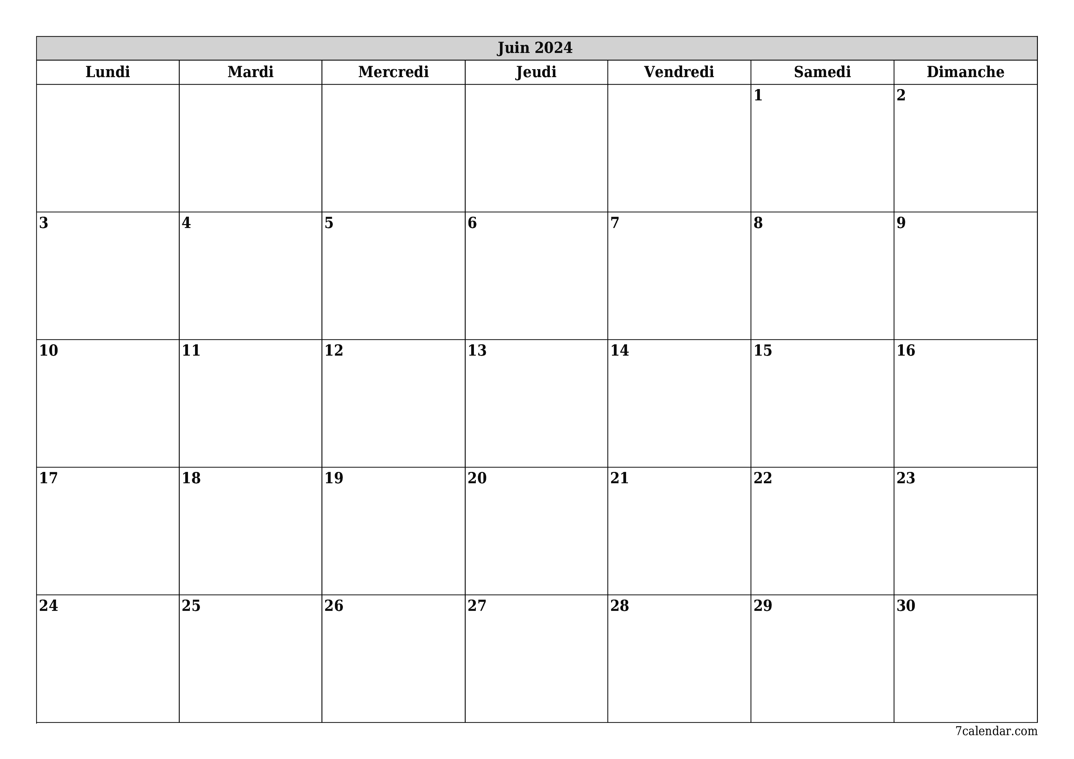 Agenda mensuel vide pour le mois Juin 2024 avec notes, enregistrez et imprimez au format PDF PNG French