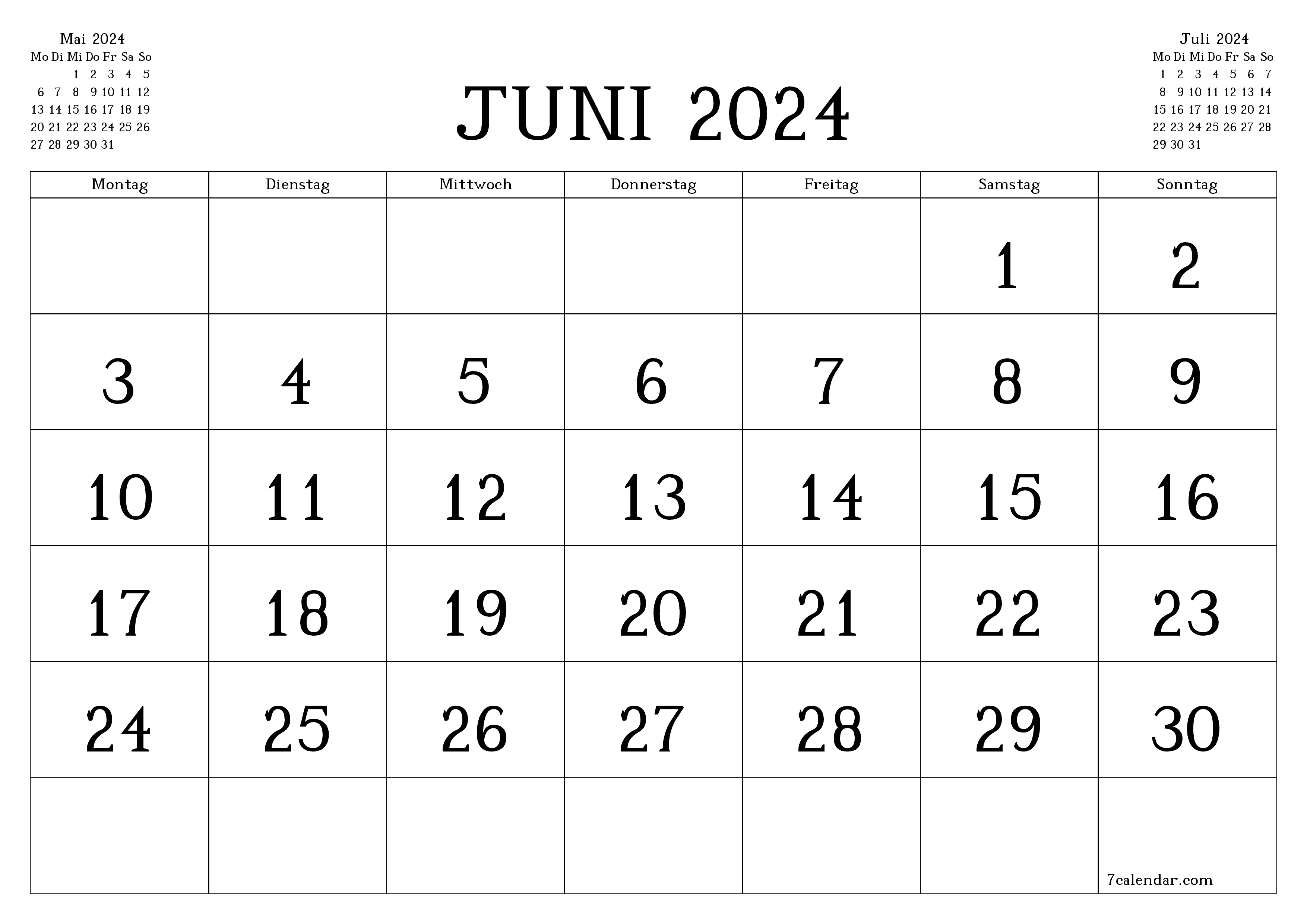 Monatsplaner für Monat Juni 2024 mit Notizen leeren, speichern und als PDF PNG German - 7calendar.com drucken