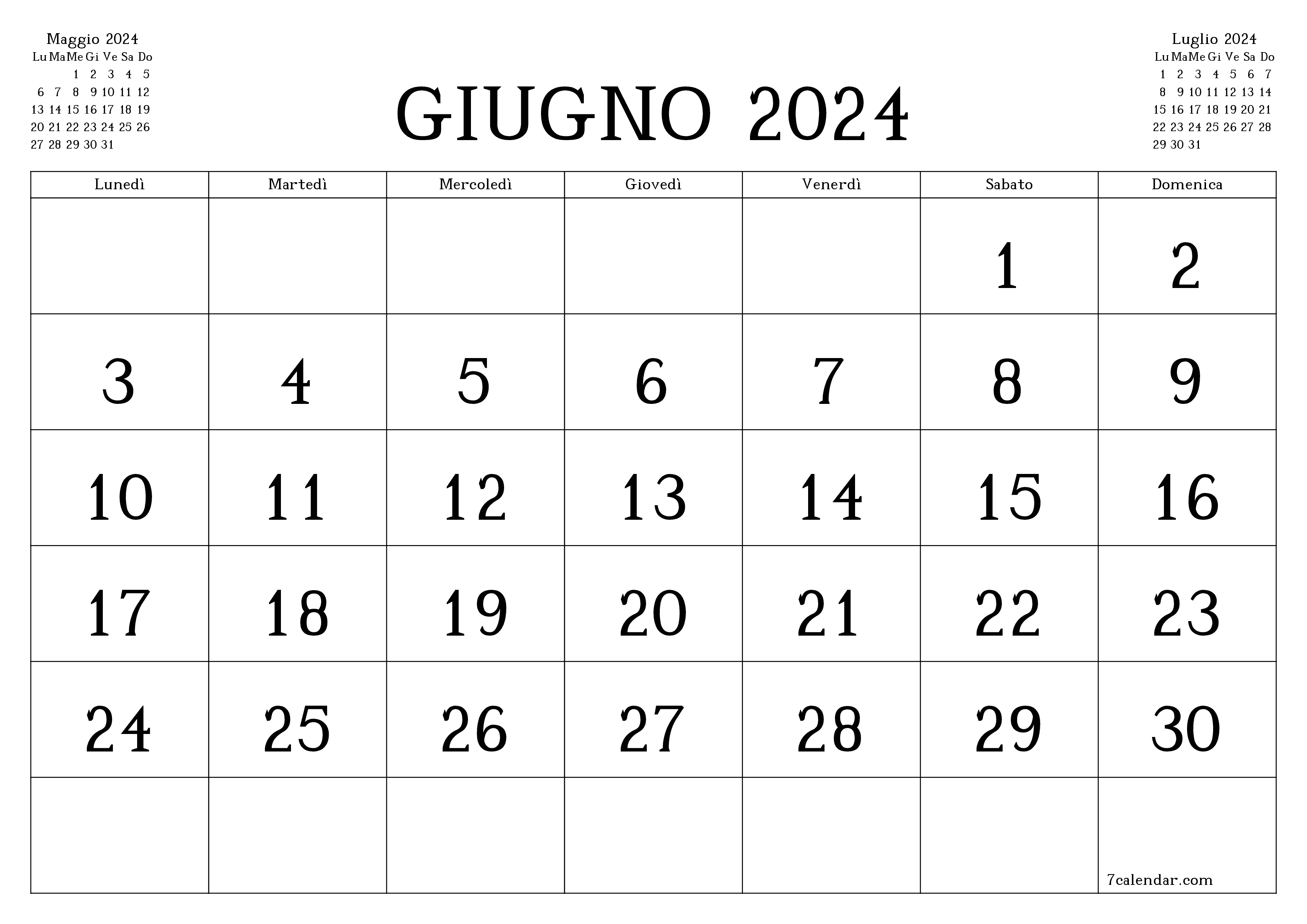 Pianificatore mensile vuoto per il mese Giugno 2024 con note, salva e stampa in PDF PNG Italian