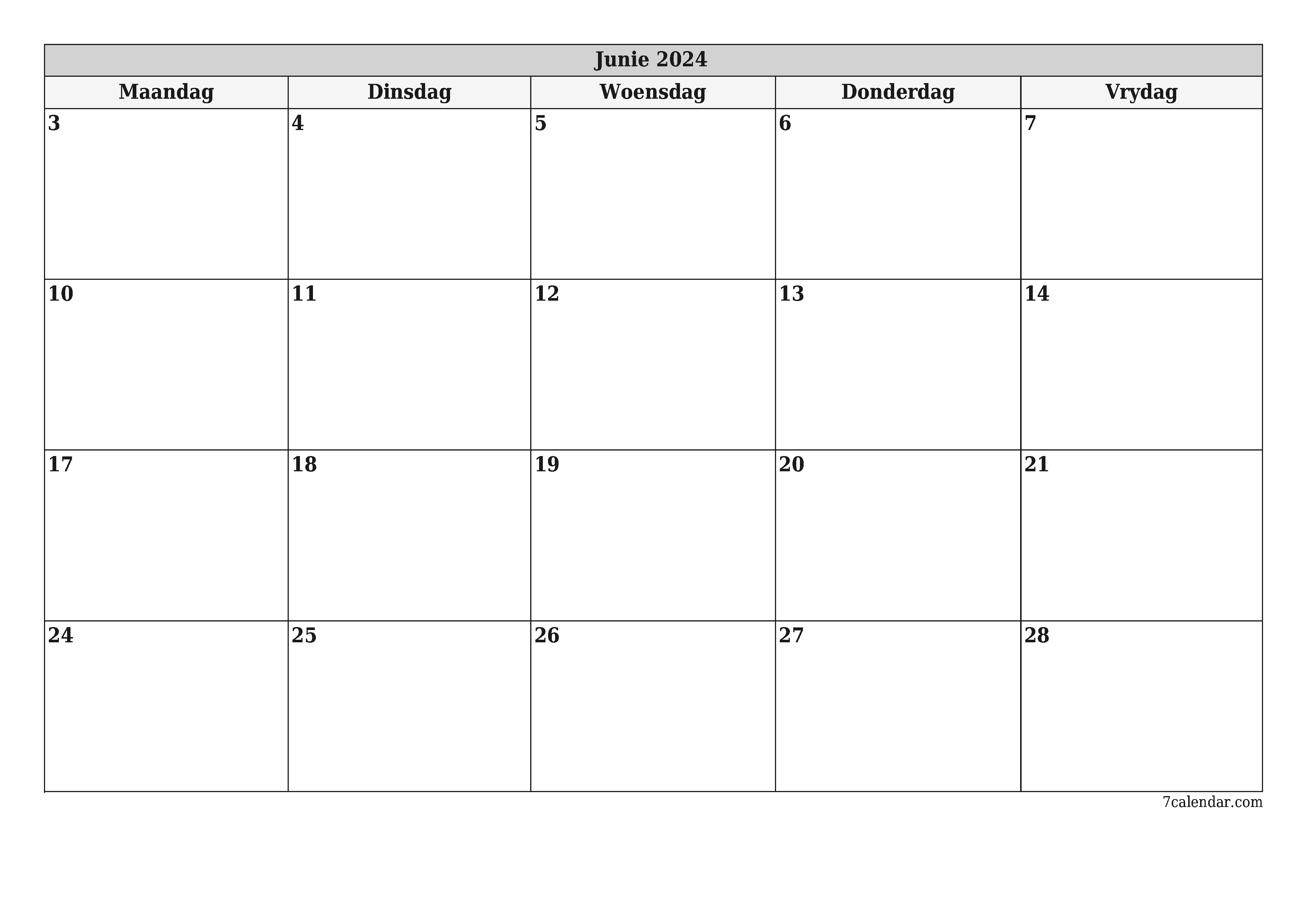 Leë maandelikse drukbare kalender en beplanner vir maand Junie 2024 met notas stoor en druk na PDF PNG Afrikaans
