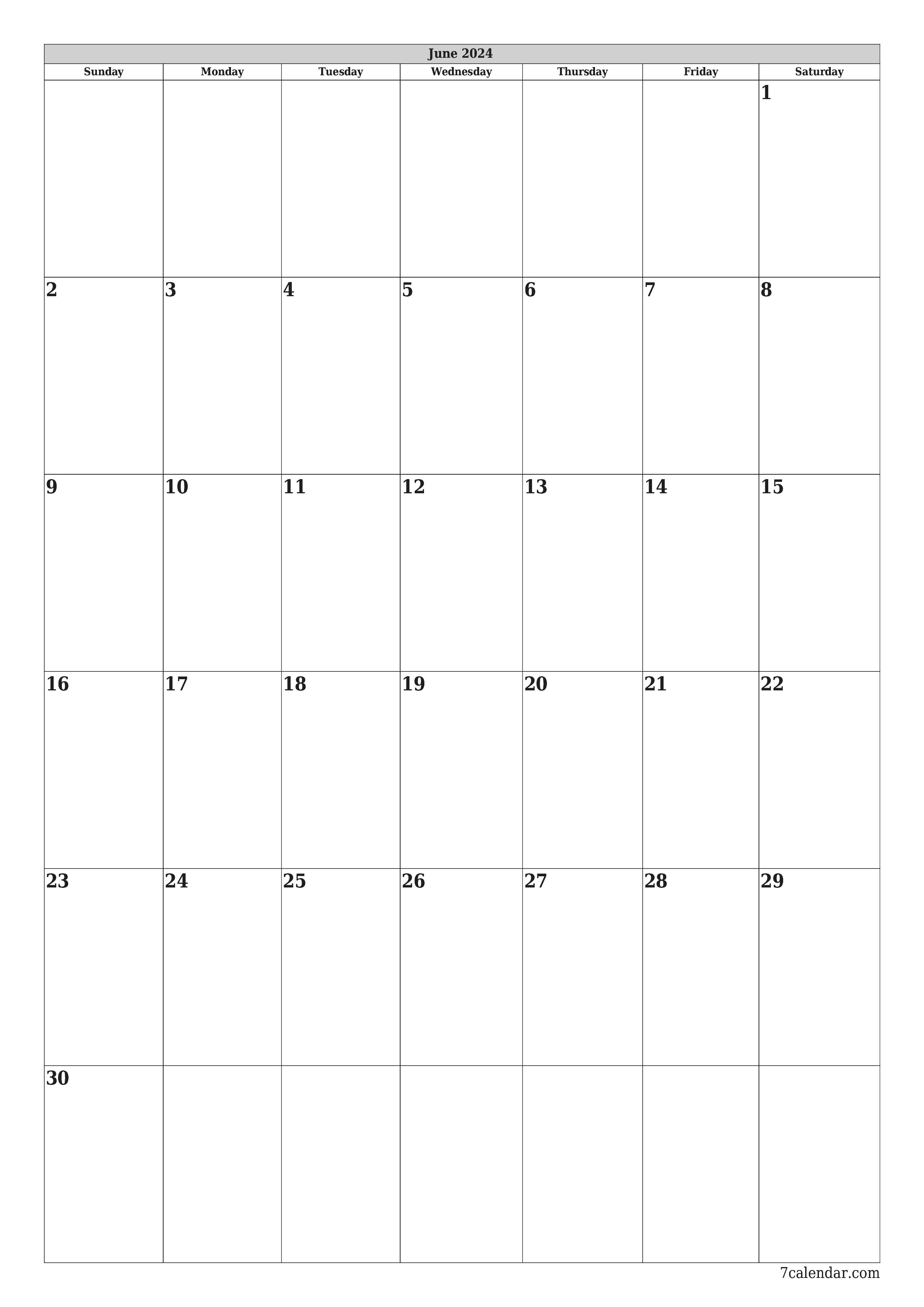printable wall template free vertical Monthly planner calendar June (Jun) 2024