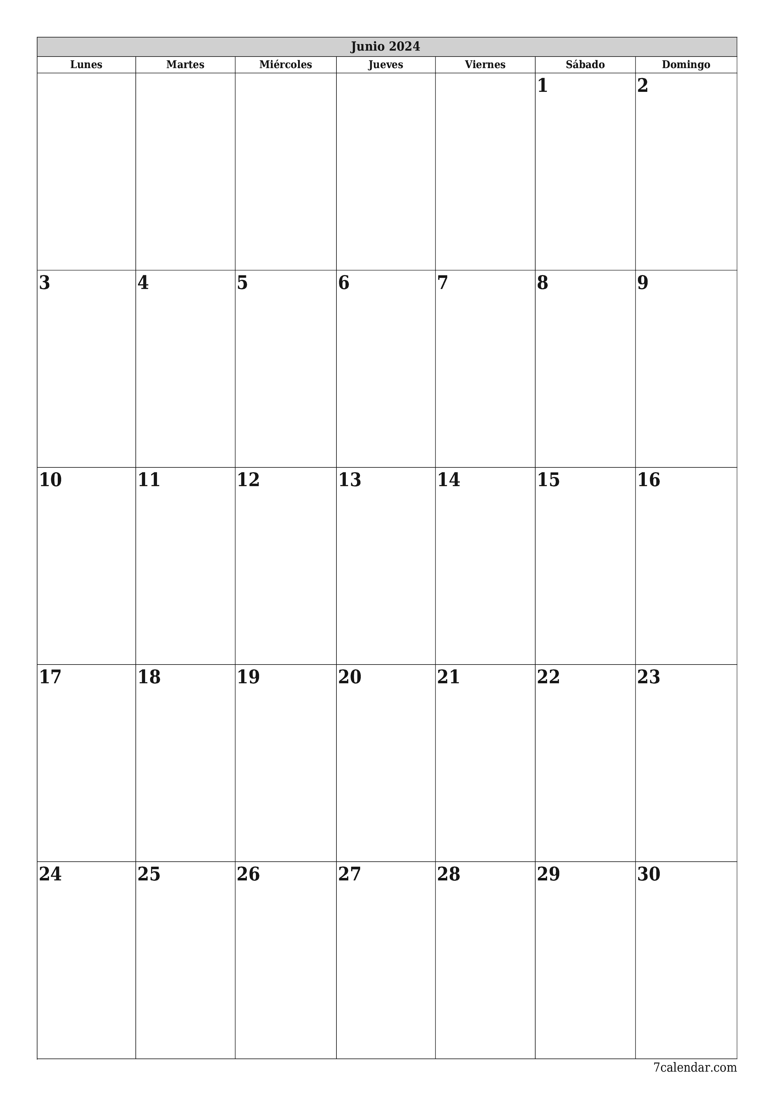  imprimible de pared plantilla de gratisvertical Mensual planificador calendario Junio (Jun) 2024