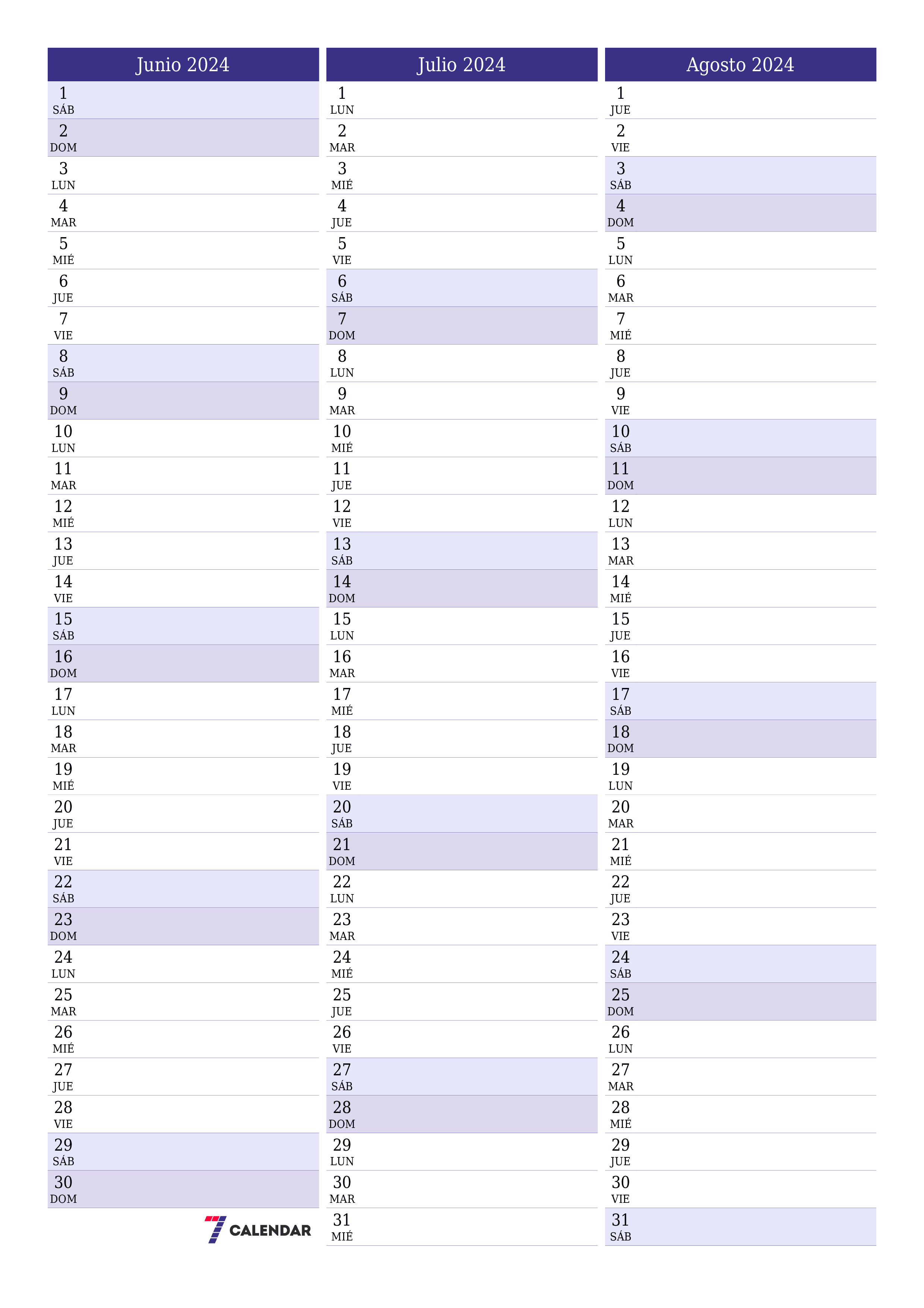 Planificador mensual vacío para el mes Junio 2024 con notas, guardar e imprimir en PDF PNG Spanish