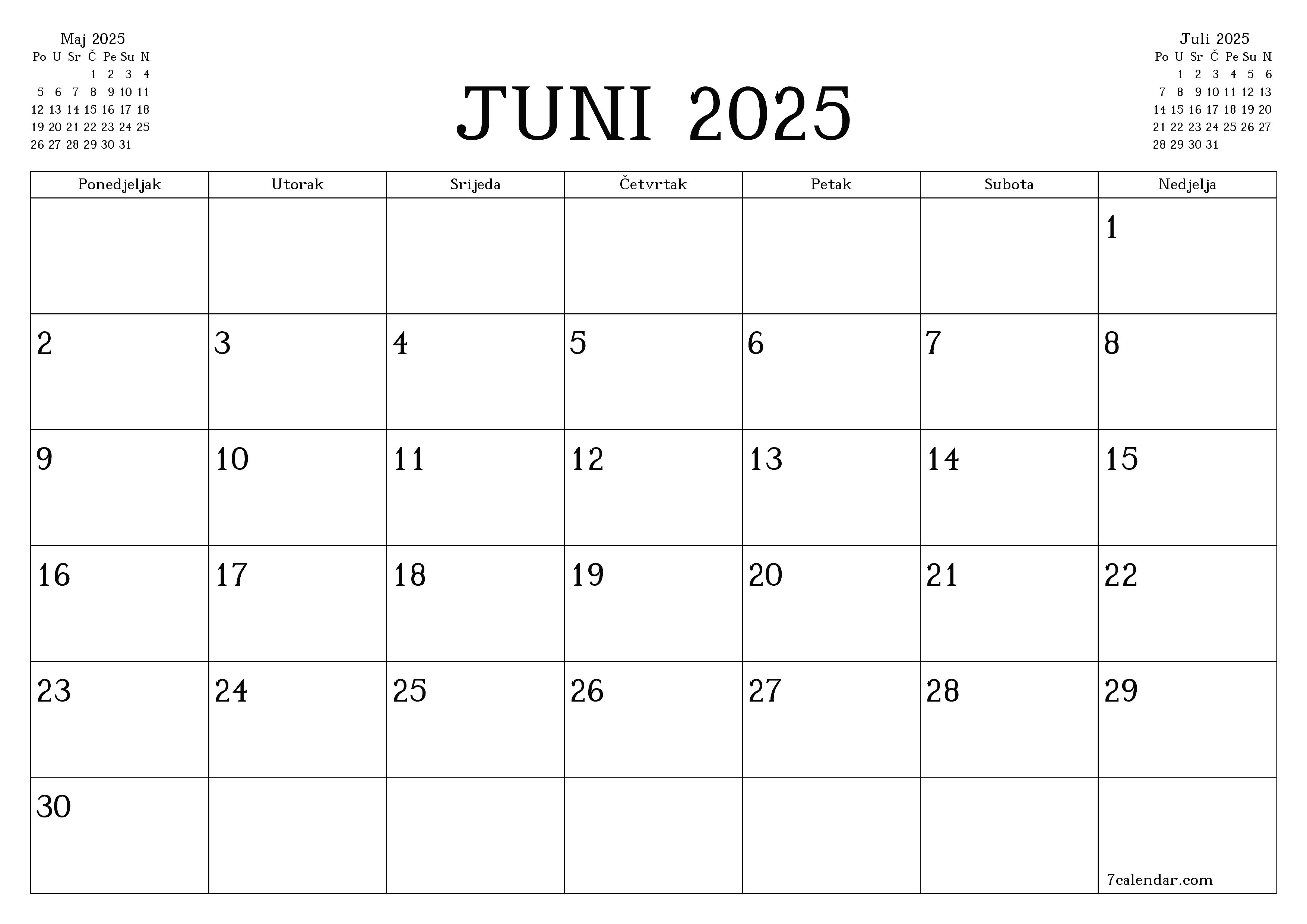 Ispraznite mjesečni planer za mjesec Juni 2025 s bilješkama, spremite i ispišite u PDF PNG Bosnian