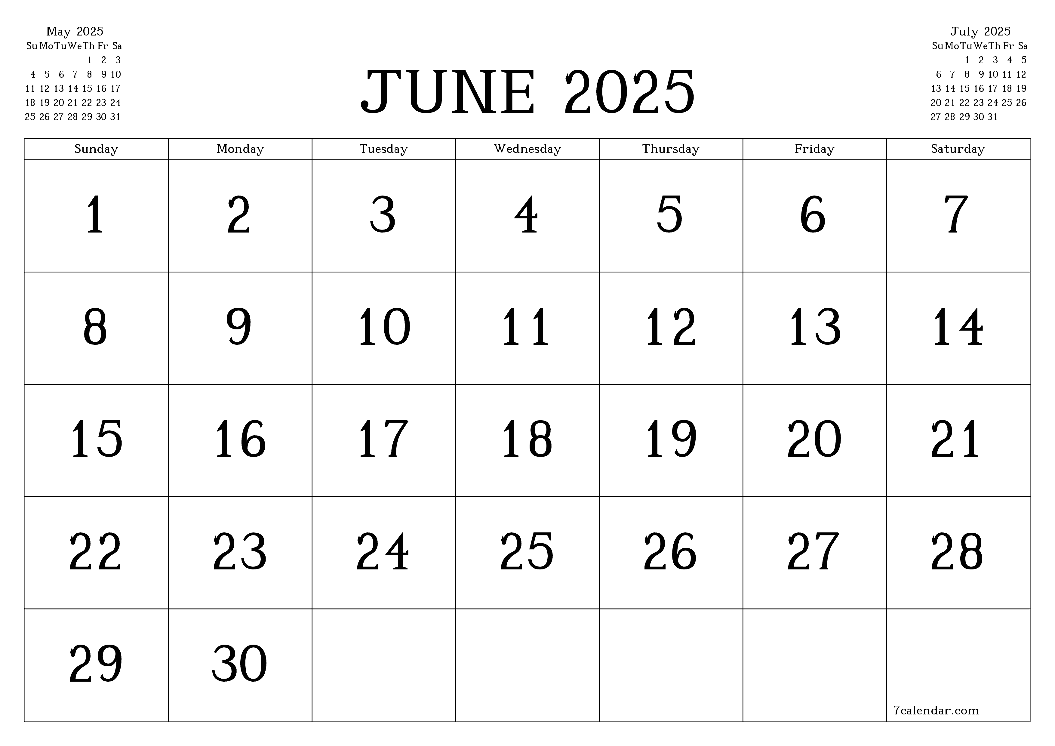 Blank monthly printable calendar and planner for month June 2025 with notes save and print to PDF PNG English