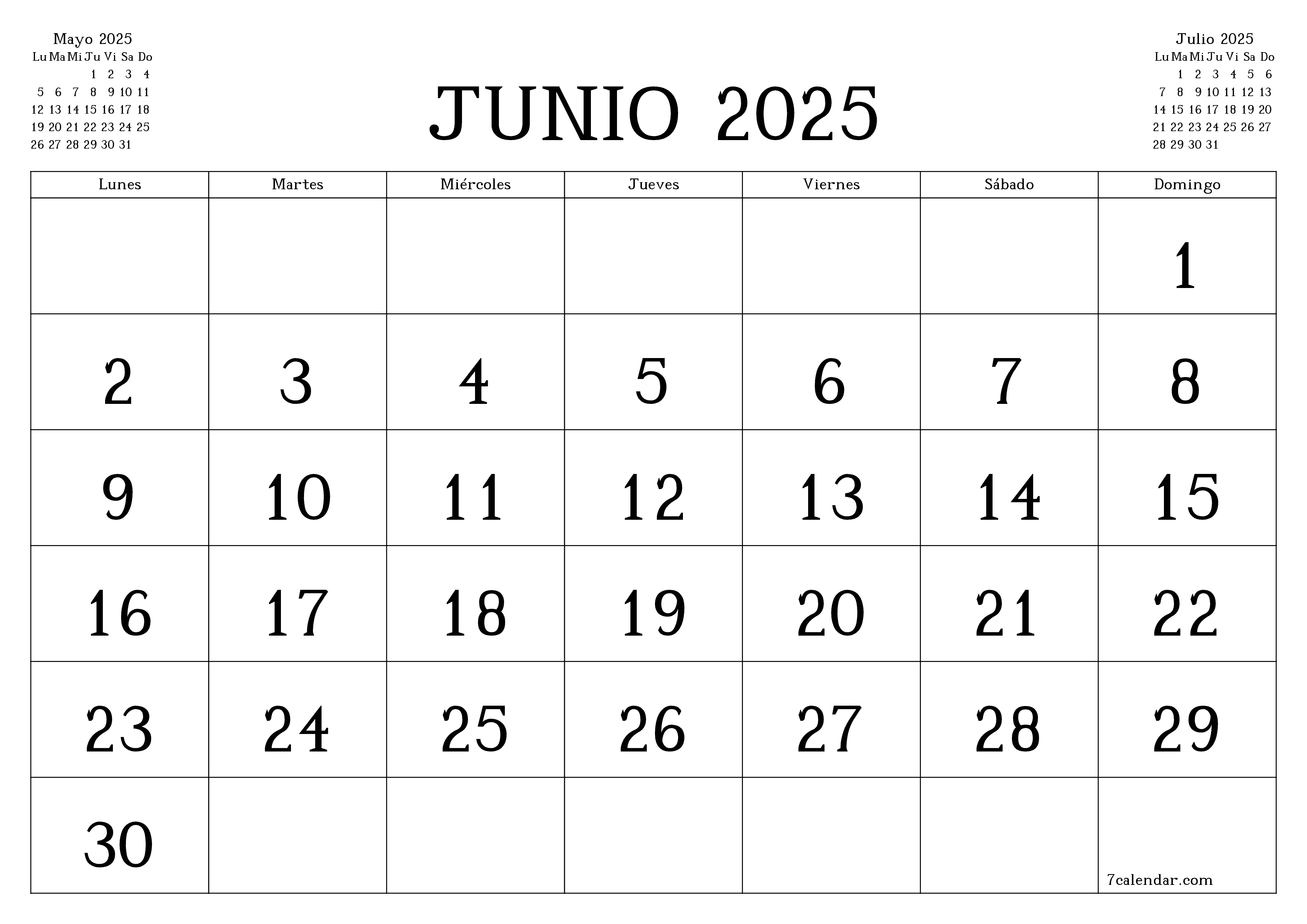 Planificador mensual vacío para el mes Junio 2025 con notas, guardar e imprimir en PDF PNG Spanish