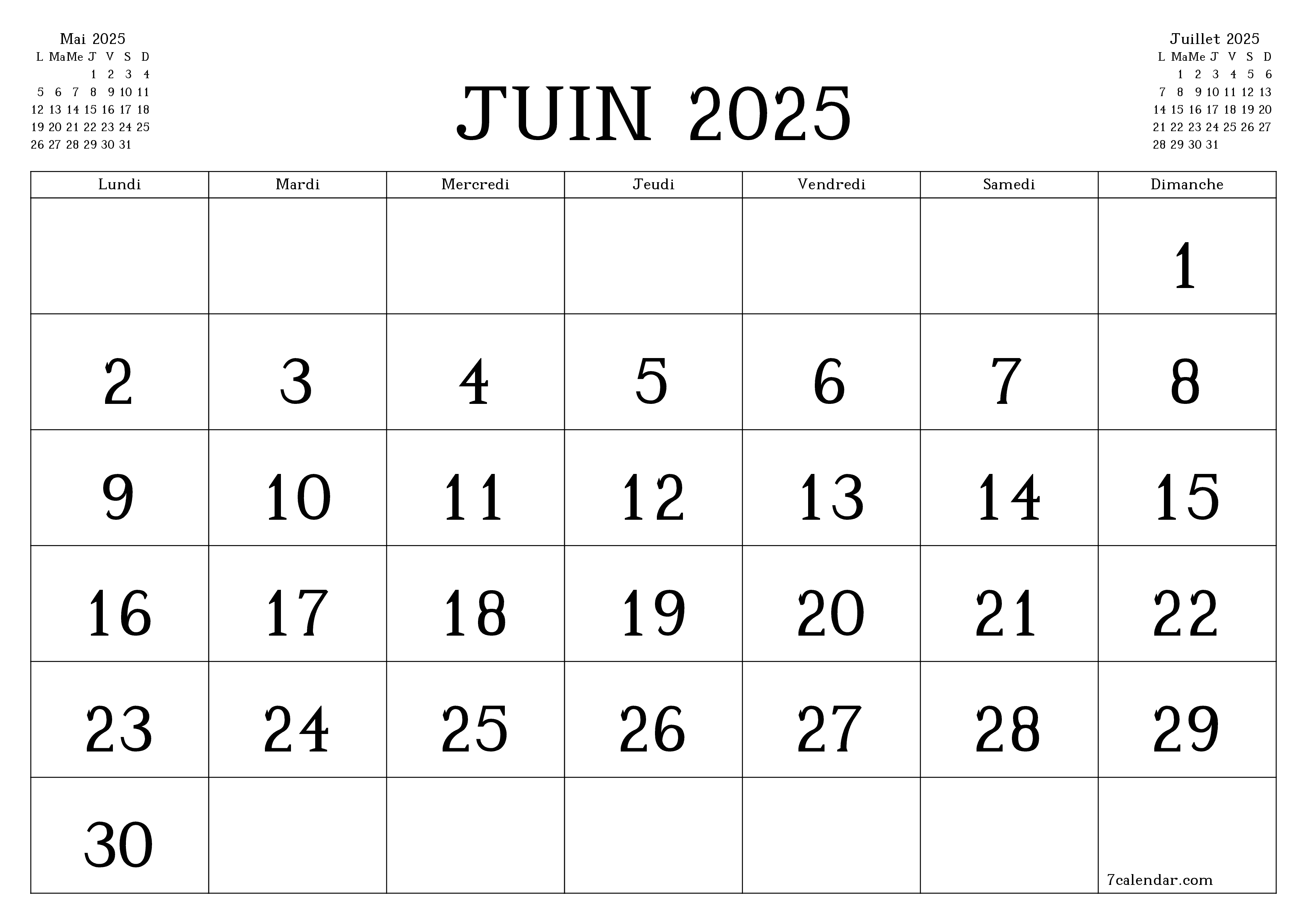 Agenda mensuel vide pour le mois Juin 2025 avec notes, enregistrez et imprimez au format PDF PNG French