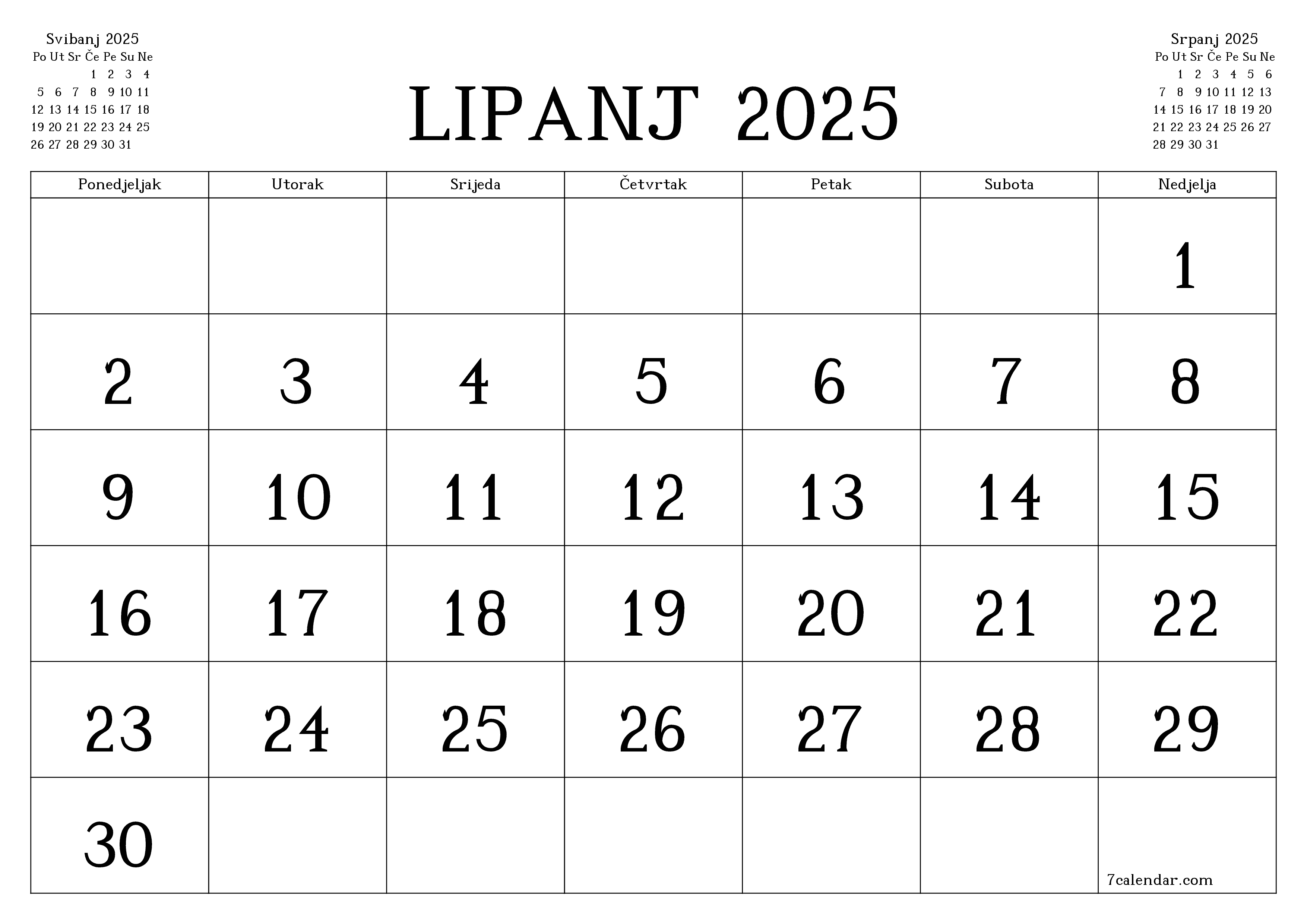Ispraznite mjesečni planer za mjesec Lipanj 2025 s bilješkama, spremite i ispišite u PDF PNG Croatian