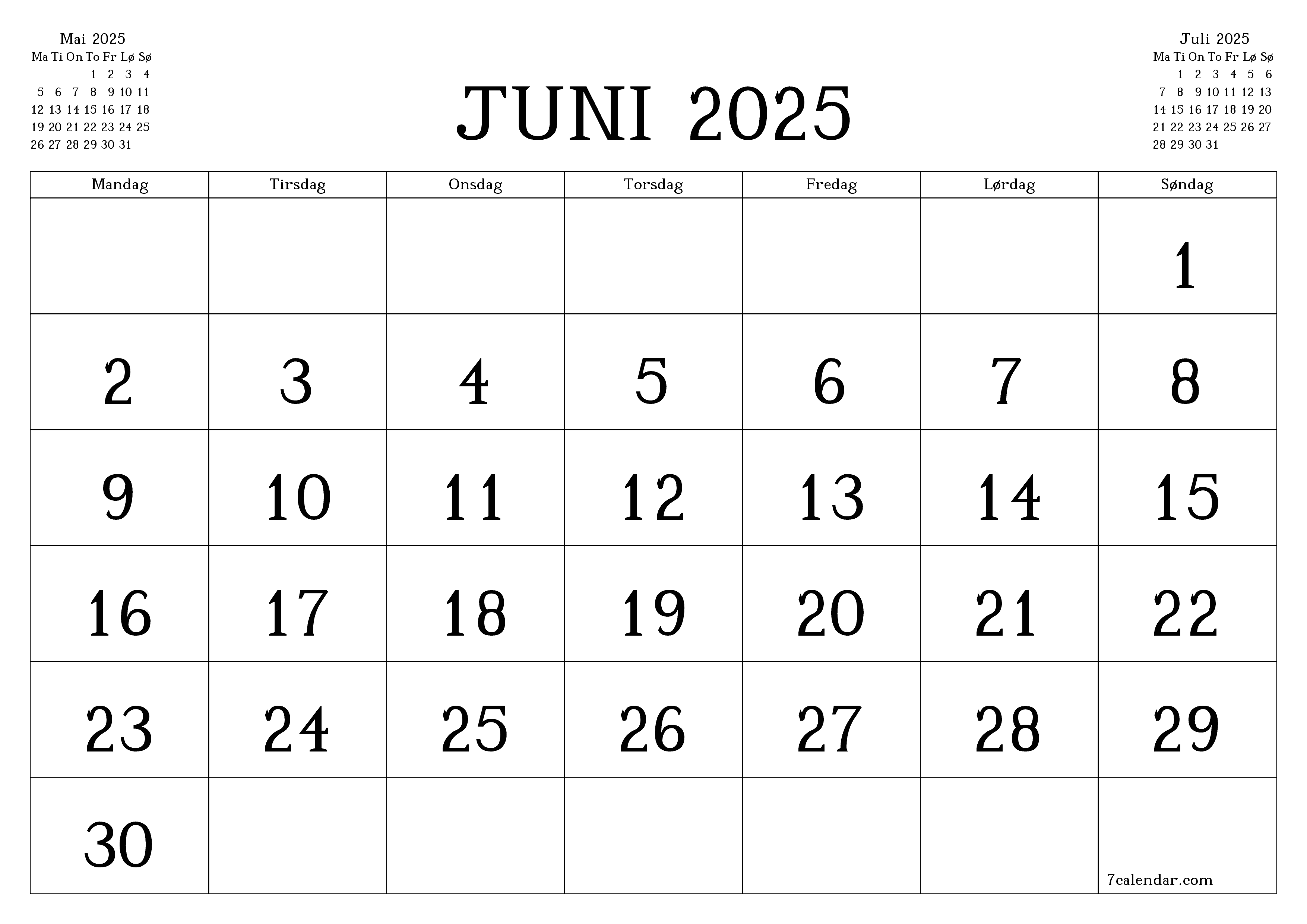 Tom månedlig planlegger for måned Juni 2025 med notater, lagre og skriv ut til PDF PNG Norwegian