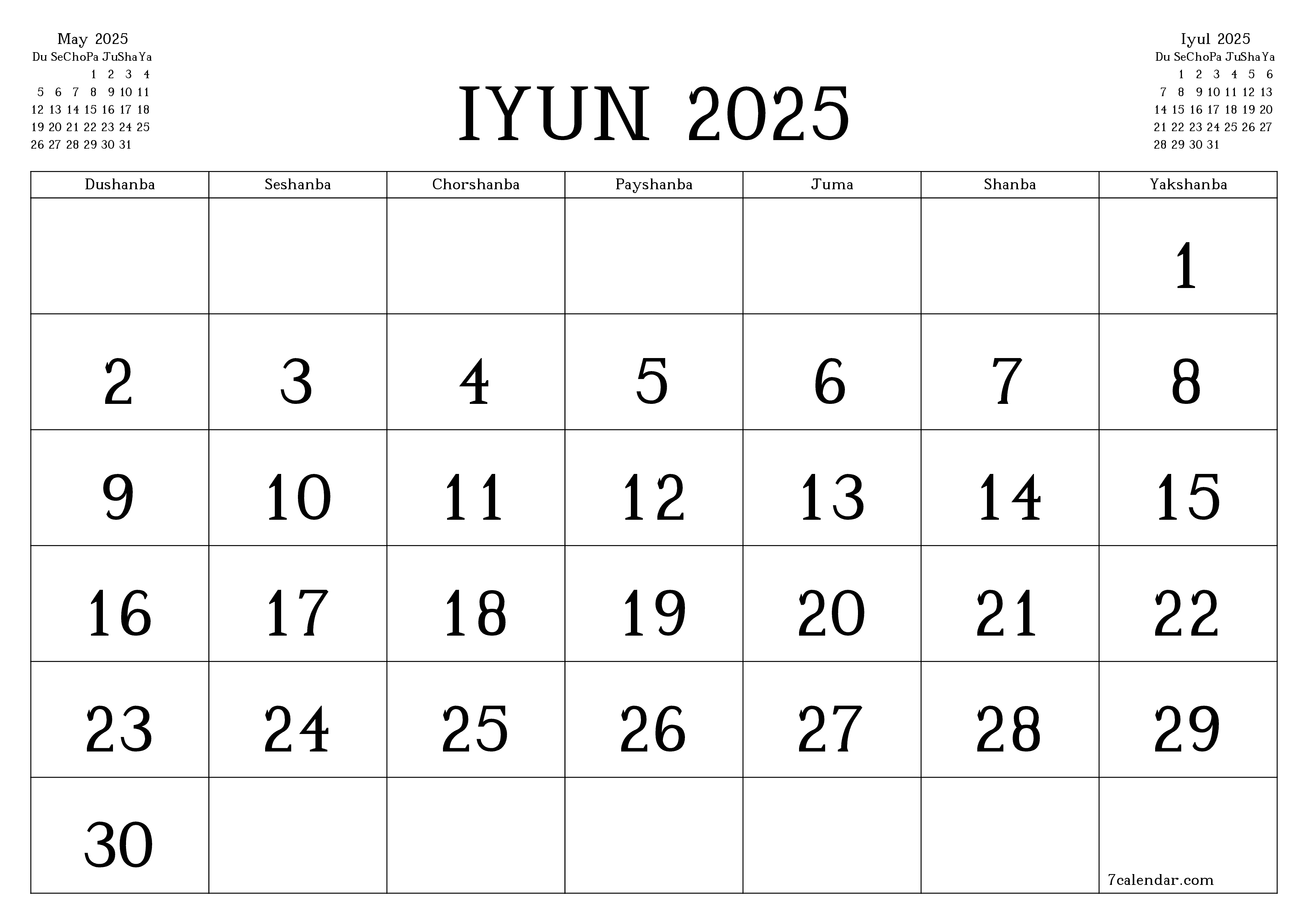 Iyun 2025 oylik oylik rejalashtiruvchini yozuvlar bilan bo'shatish, saqlash va PDF-ga chop etish PNG Uzbek
