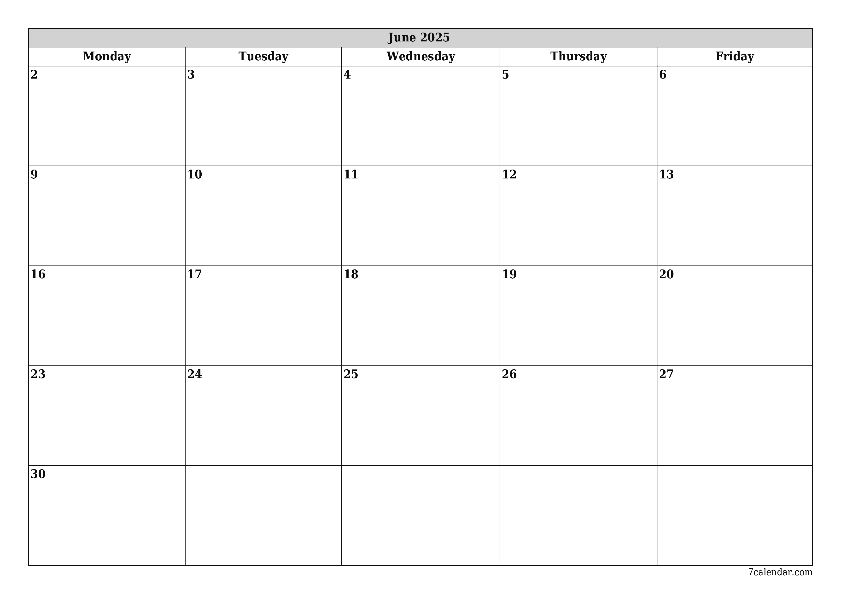 Blank monthly printable calendar and planner for month June 2025 with notes save and print to PDF PNG English