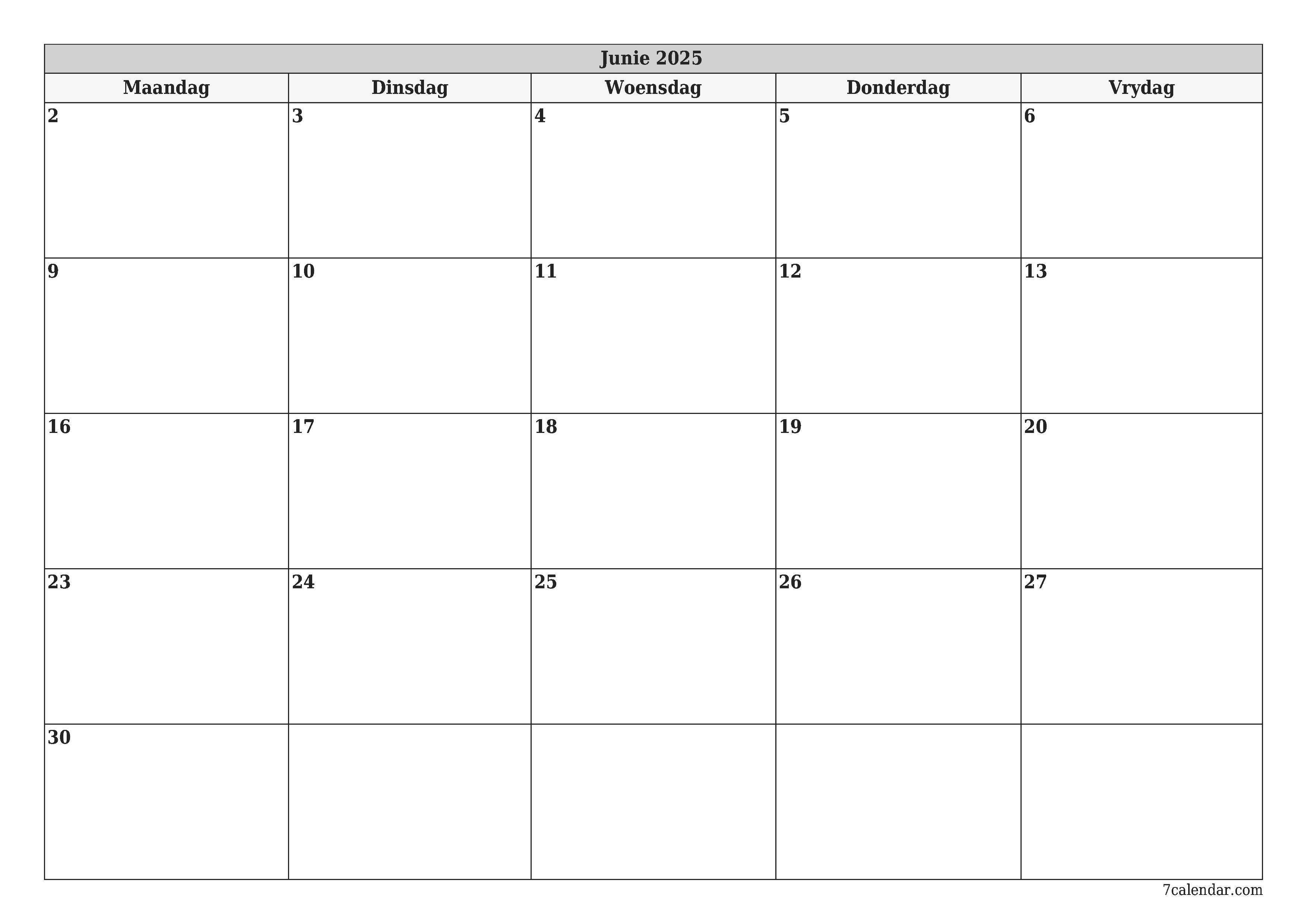 Leë maandelikse drukbare kalender en beplanner vir maand Junie 2025 met notas stoor en druk na PDF PNG Afrikaans