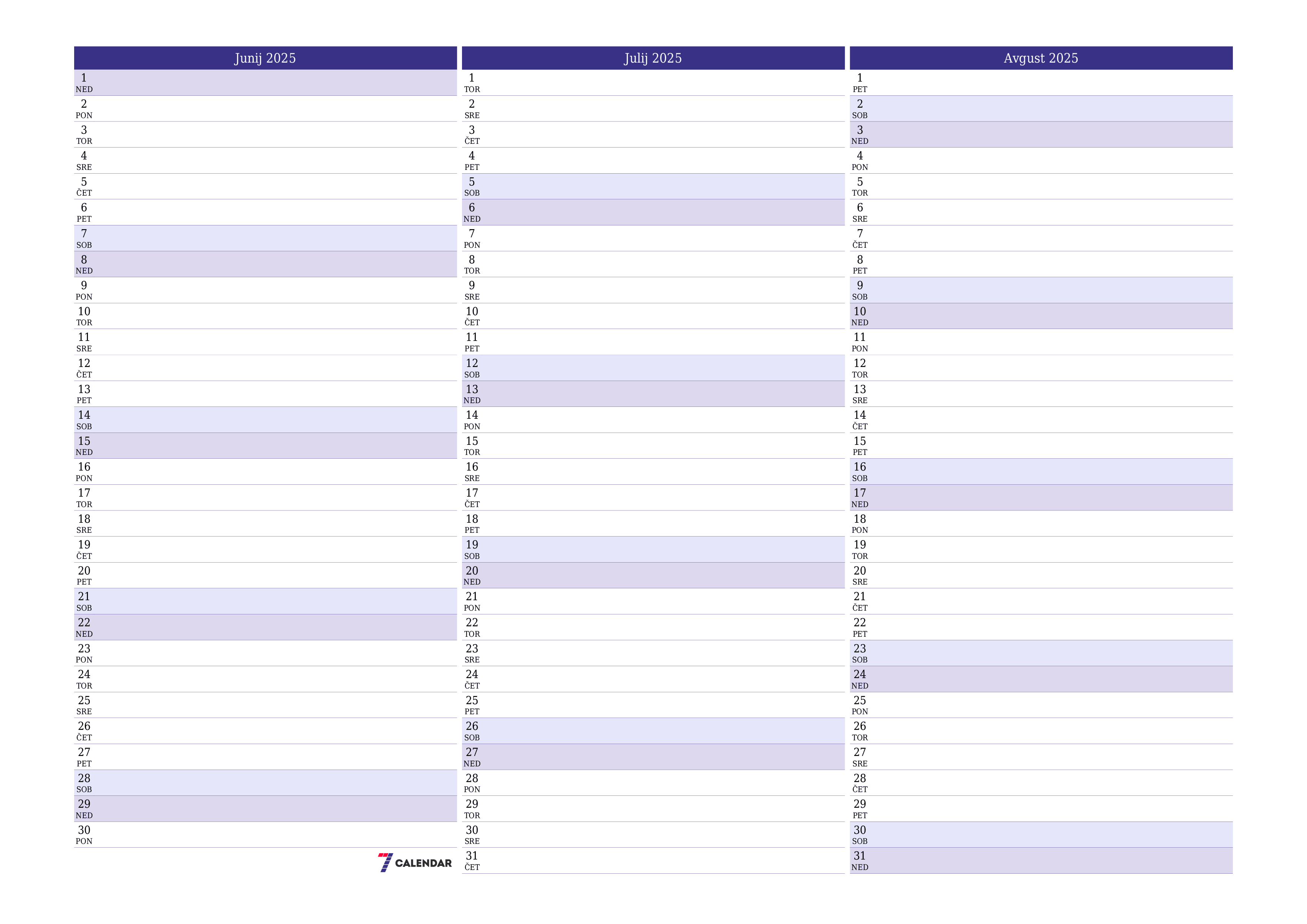 Prazen mesečni načrtovalec koledarja za mesec Junij 2025 z opombami, natisnjenimi v PDF PNG Slovenian