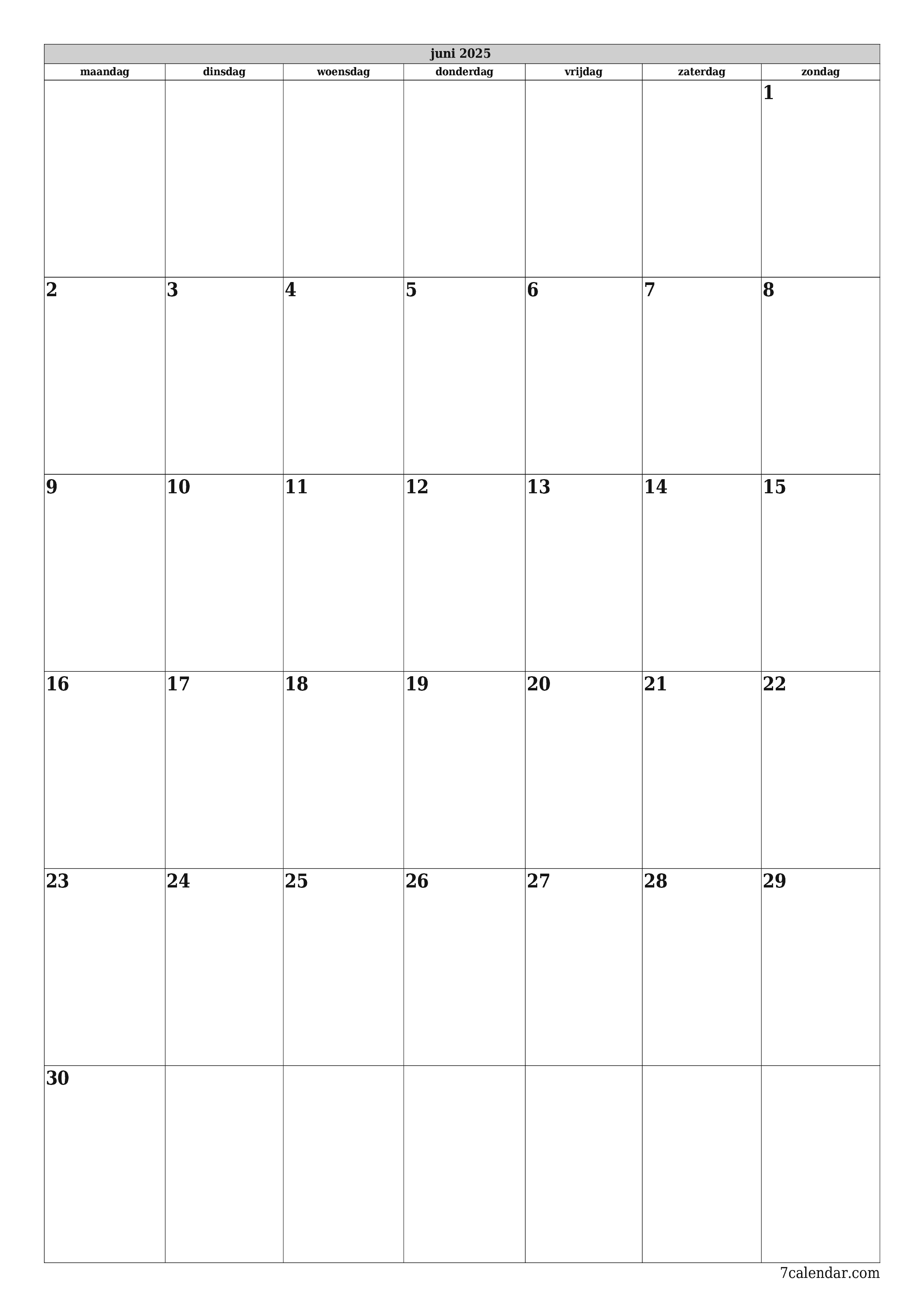 Lege maandplanner voor maand juni 2025 met notities, opslaan en afdrukken naar pdf PNG Dutch