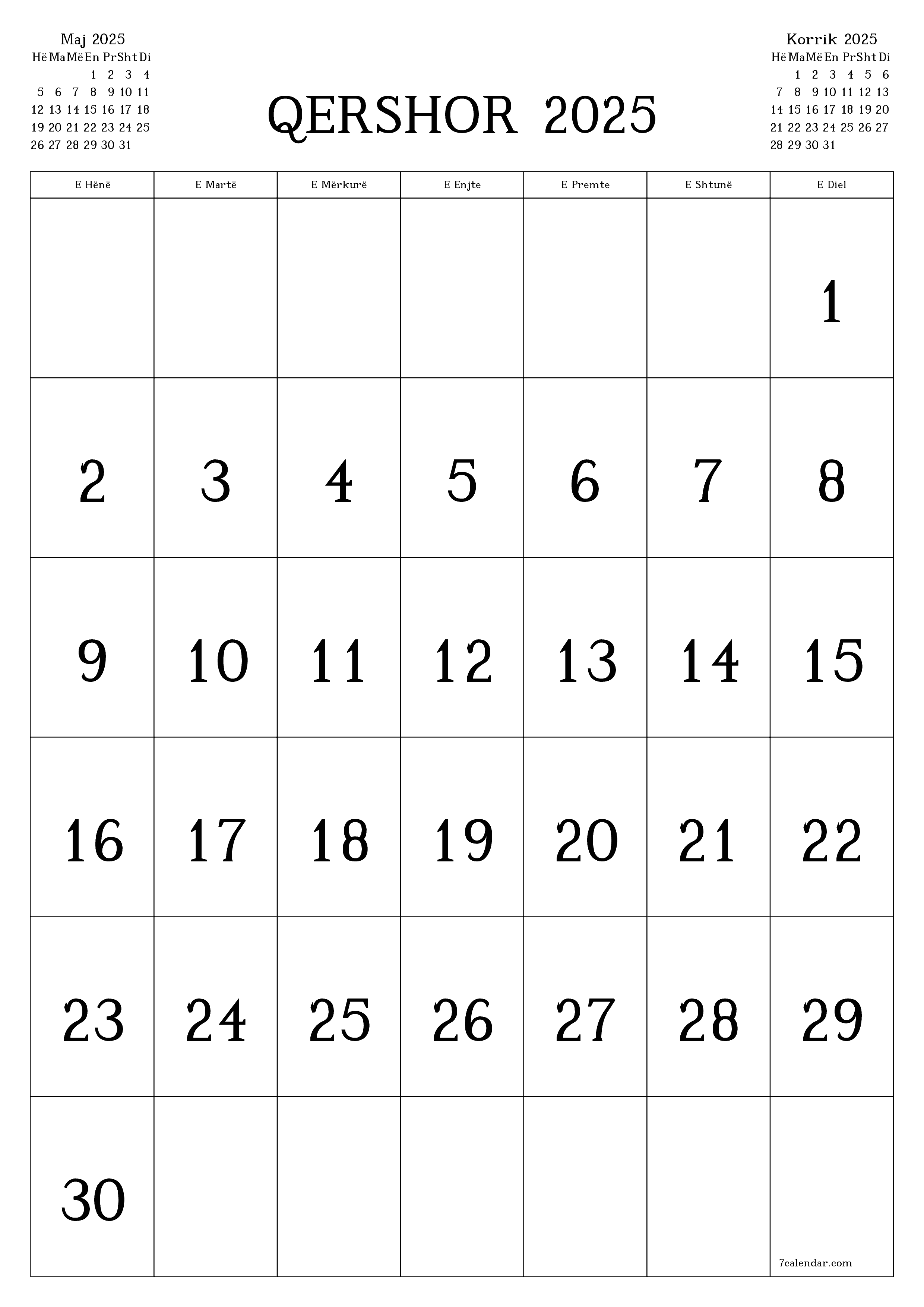 Planifikuesi i zbrazët i kalendarit mujor për muajin Qershor 2025 me shënime të ruajtura dhe të printuara në PDF PNG Albanian