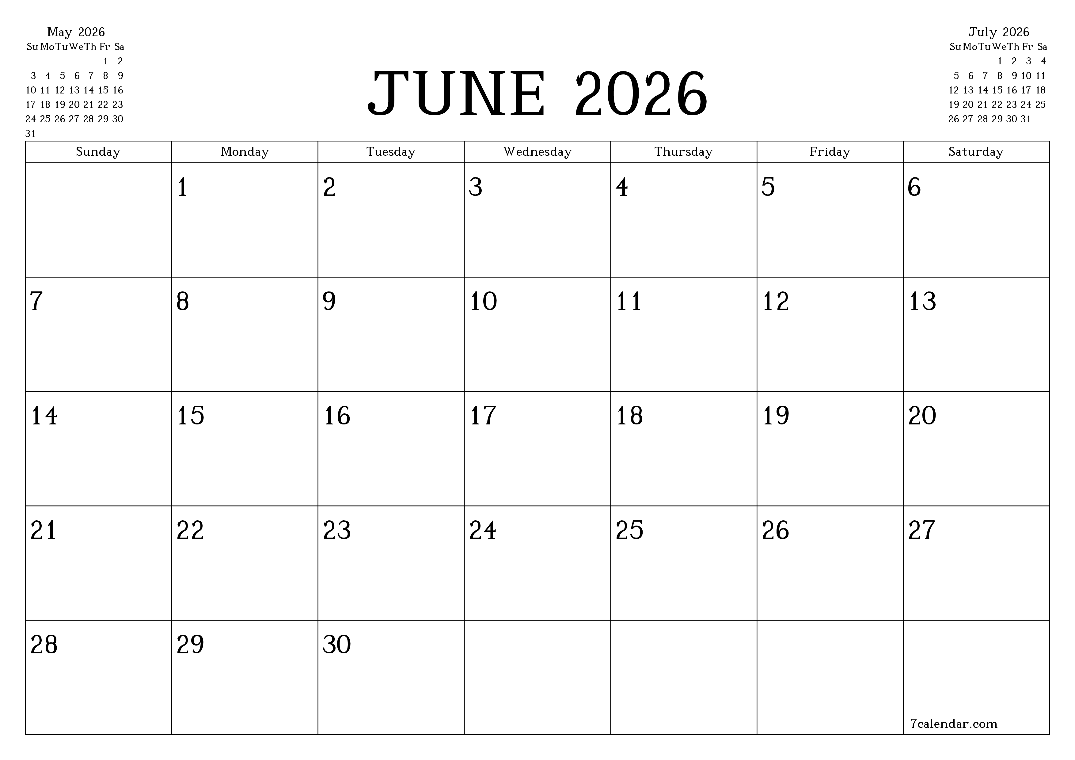 Blank monthly printable calendar and planner for month June 2026 with notes save and print to PDF PNG English