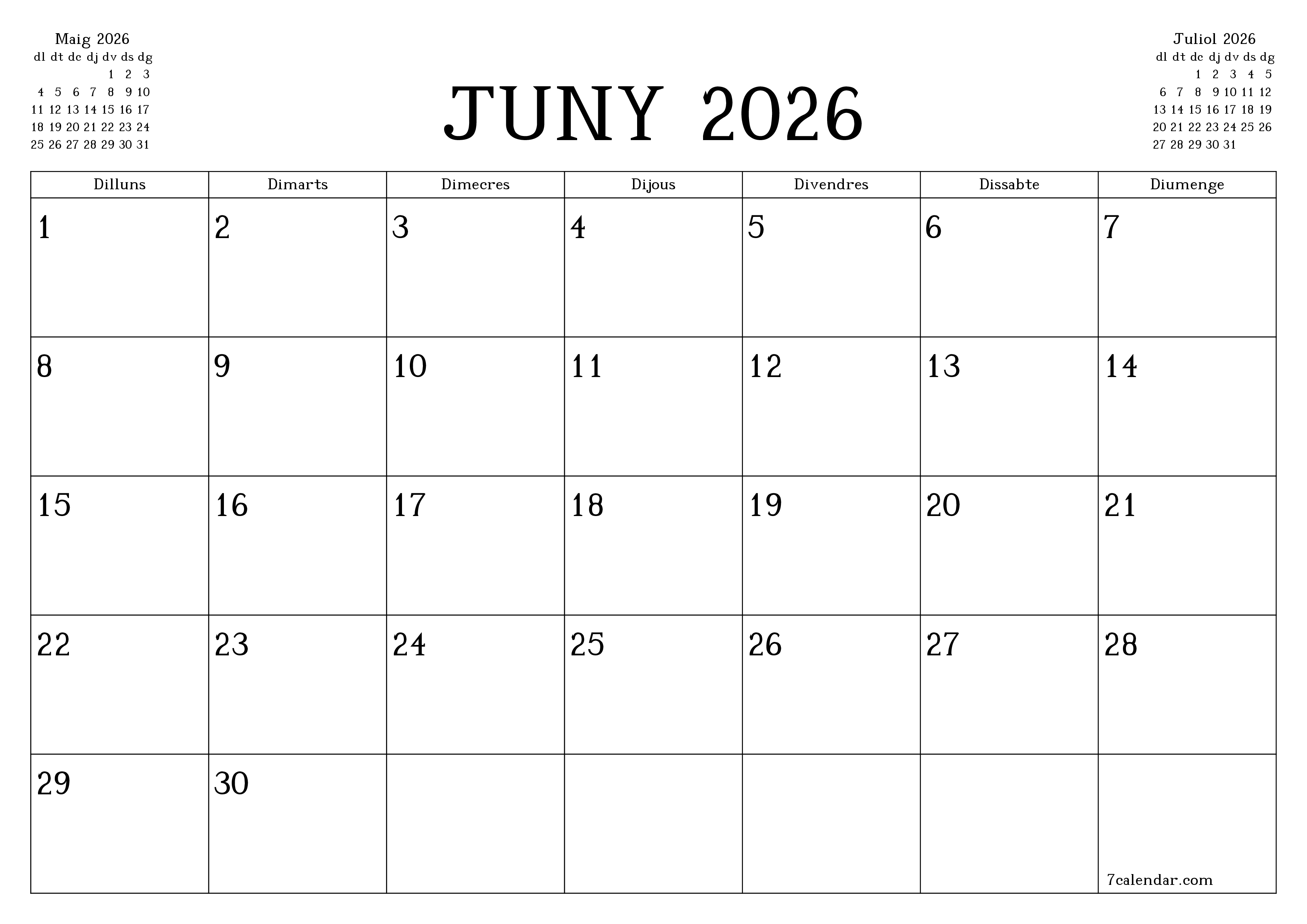 Planificador mensual buit del mes Juny 2026 amb notes, deseu-lo i imprimiu-lo en format PDF PNG Catalan