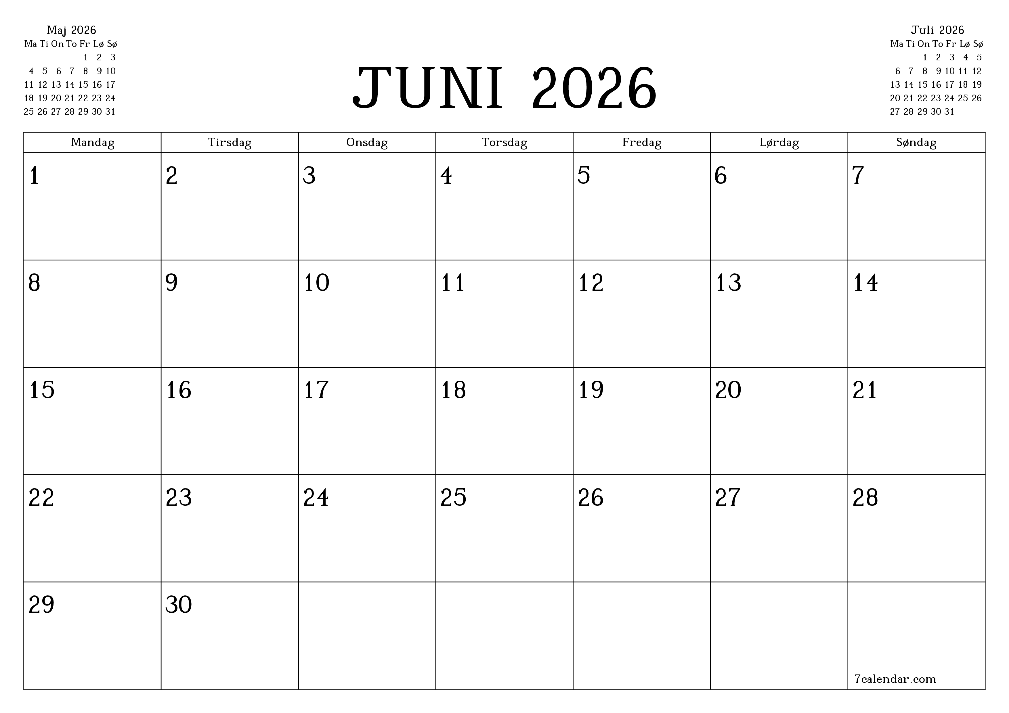 Tom månedlig planlægning for måned Juni 2026 med noter, gem og udskriv til PDF PNG Danish