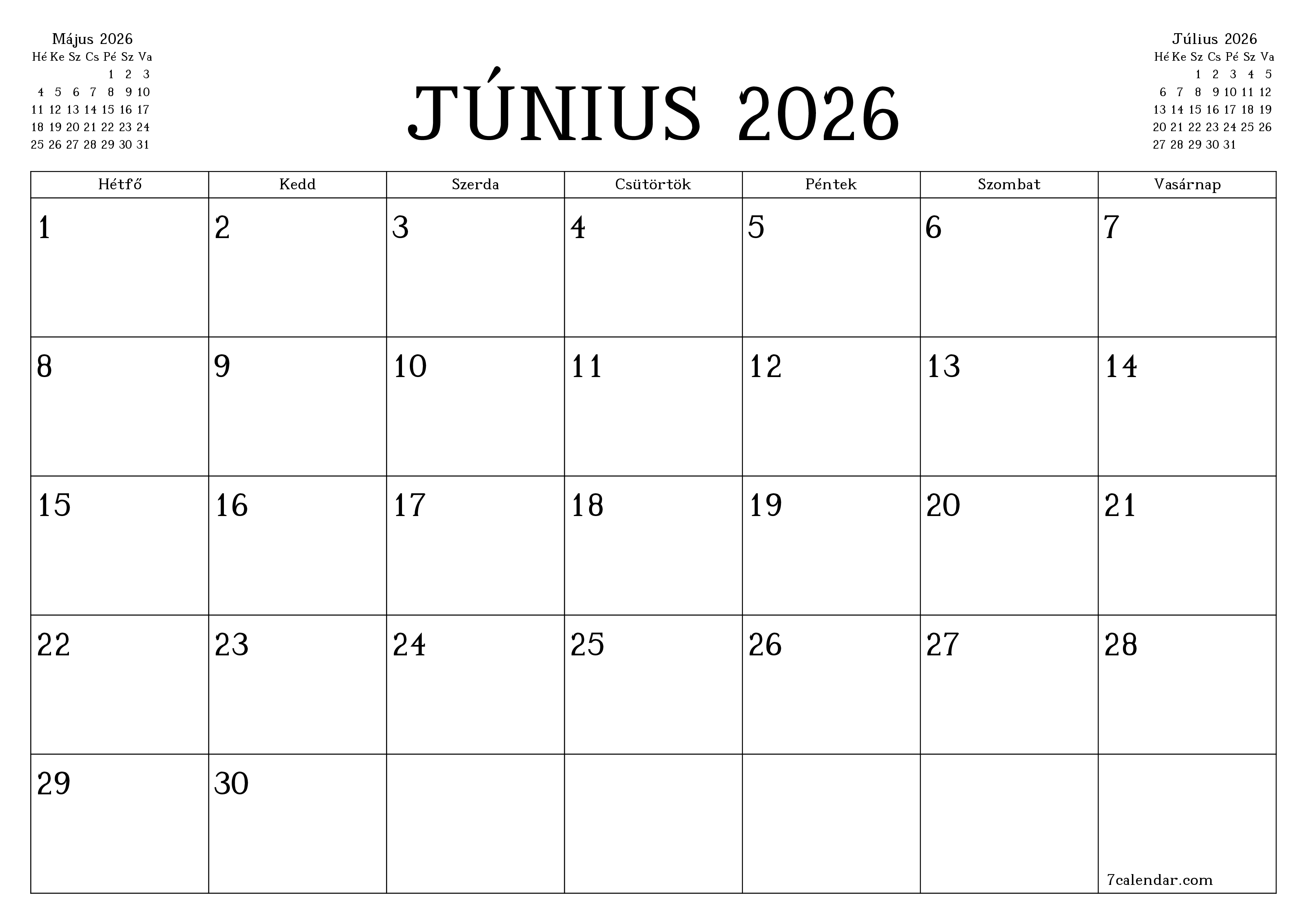 Üres havi tervező a Június 2026 hónapra jegyzetekkel, mentés és nyomtatás PDF-be PNG Hungarian