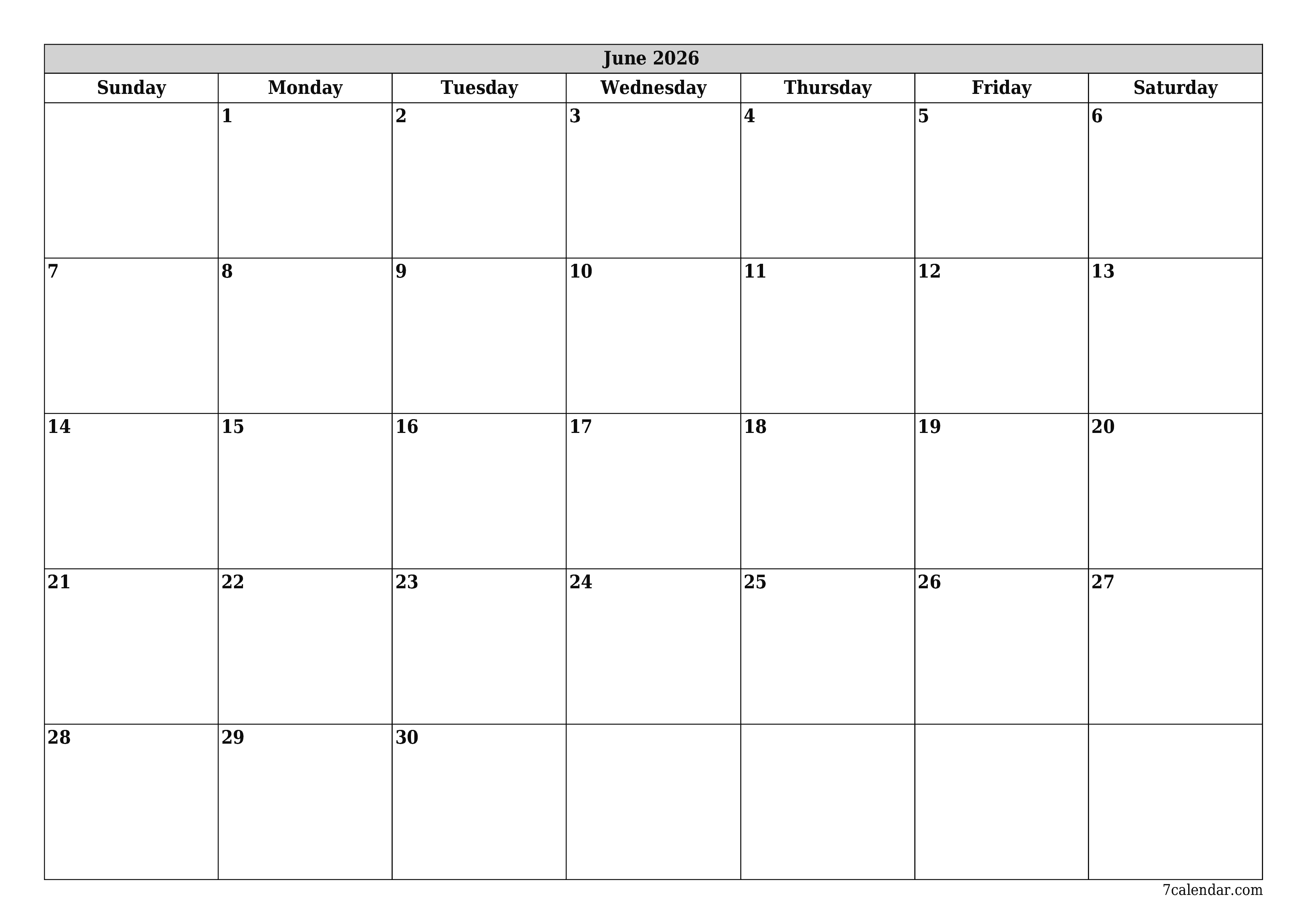 Blank monthly printable calendar and planner for month June 2026 with notes save and print to PDF PNG English