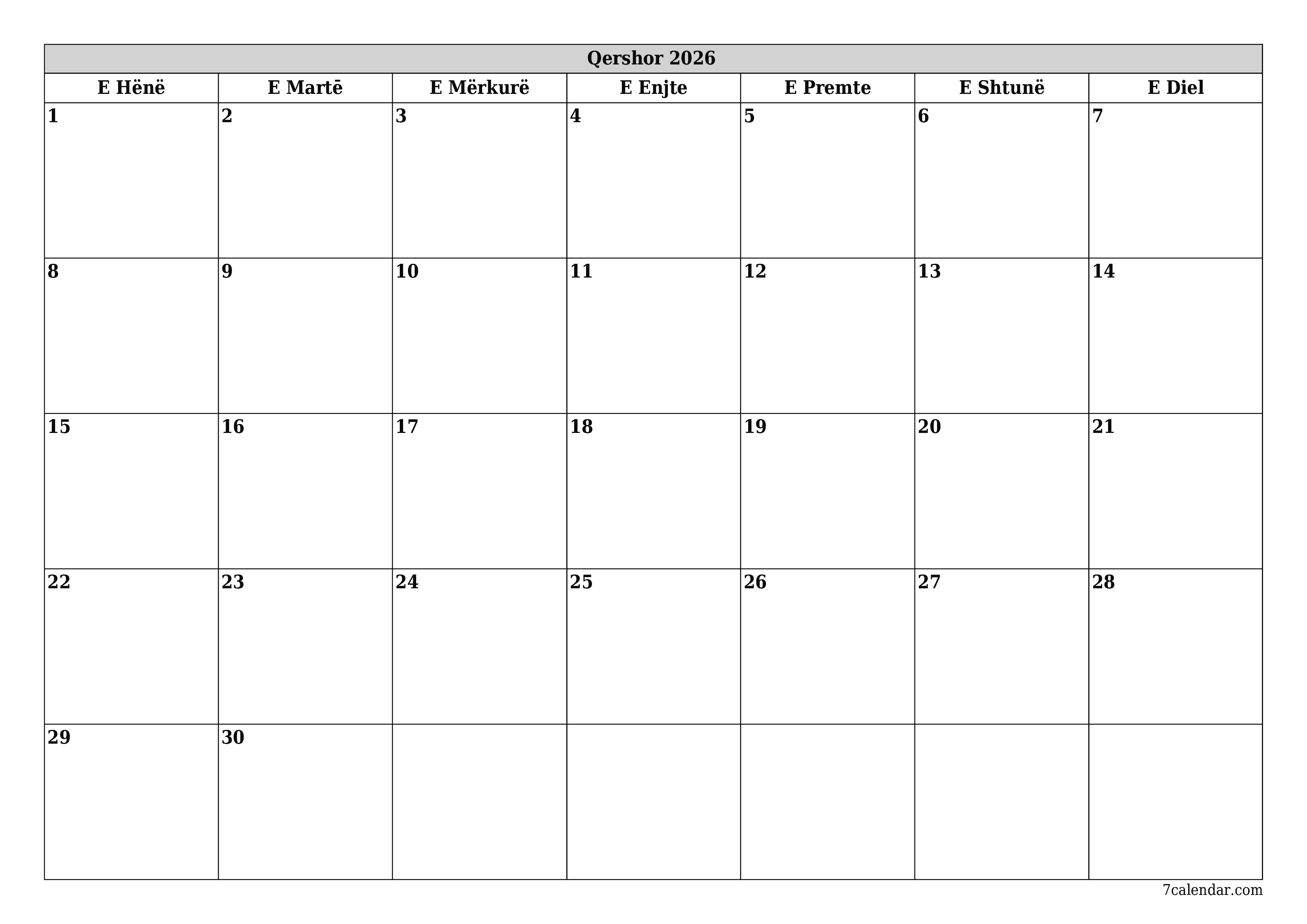 Planifikuesi i zbrazët i kalendarit mujor për muajin Qershor 2026 me shënime të ruajtura dhe të printuara në PDF PNG Albanian