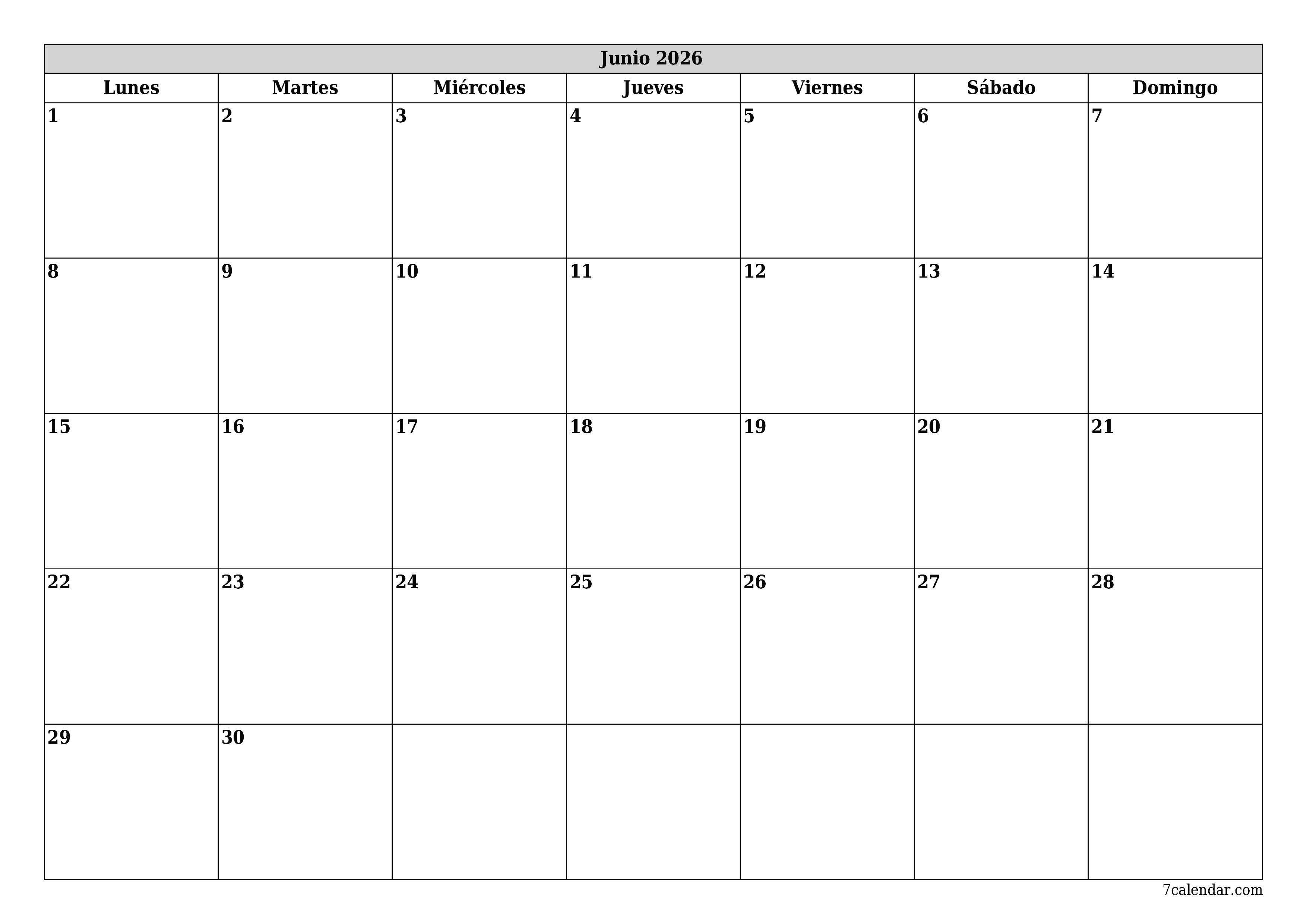 Planificador mensual vacío para el mes Junio 2026 con notas, guardar e imprimir en PDF PNG Spanish