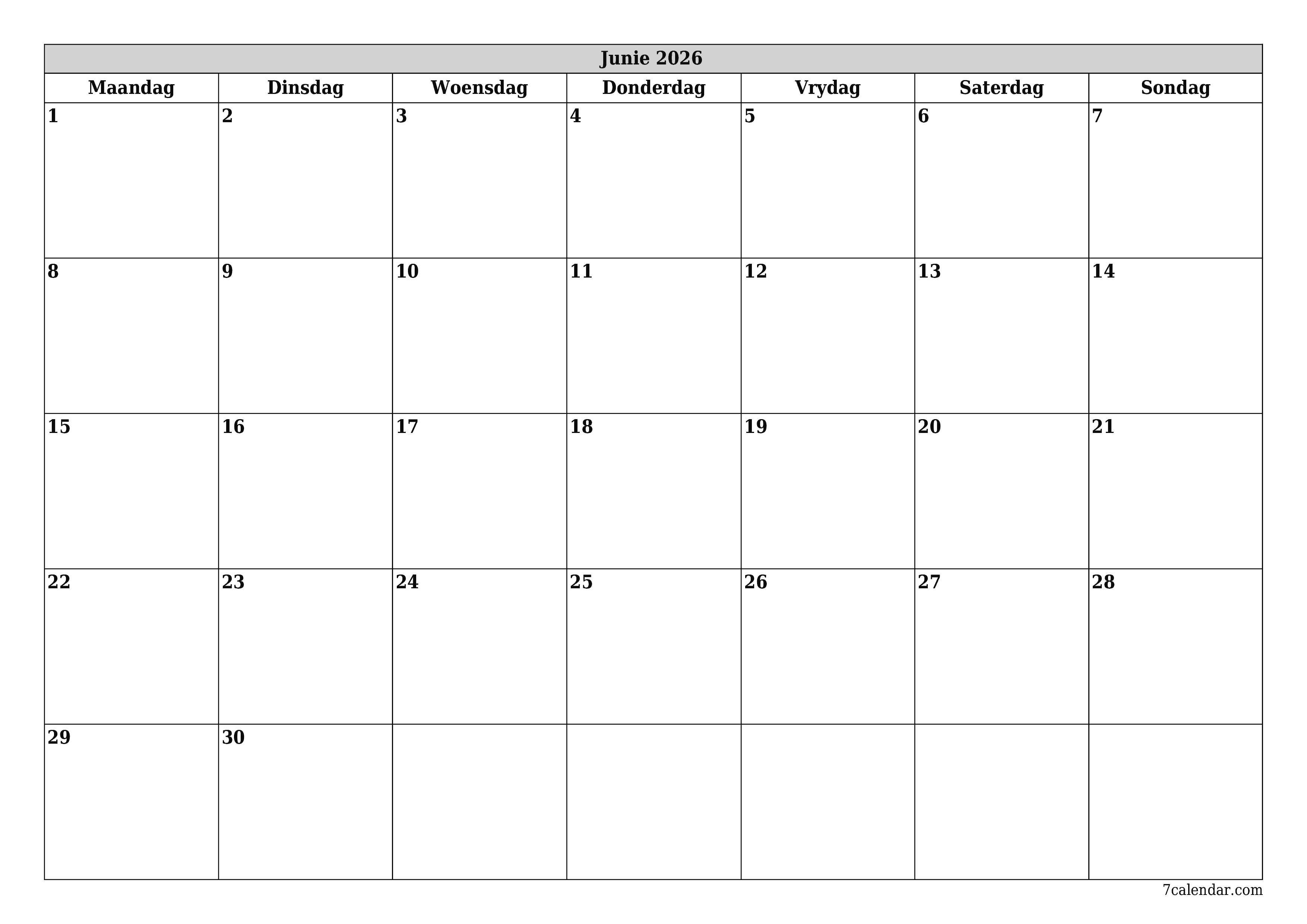 Leë maandelikse drukbare kalender en beplanner vir maand Junie 2026 met notas stoor en druk na PDF PNG Afrikaans