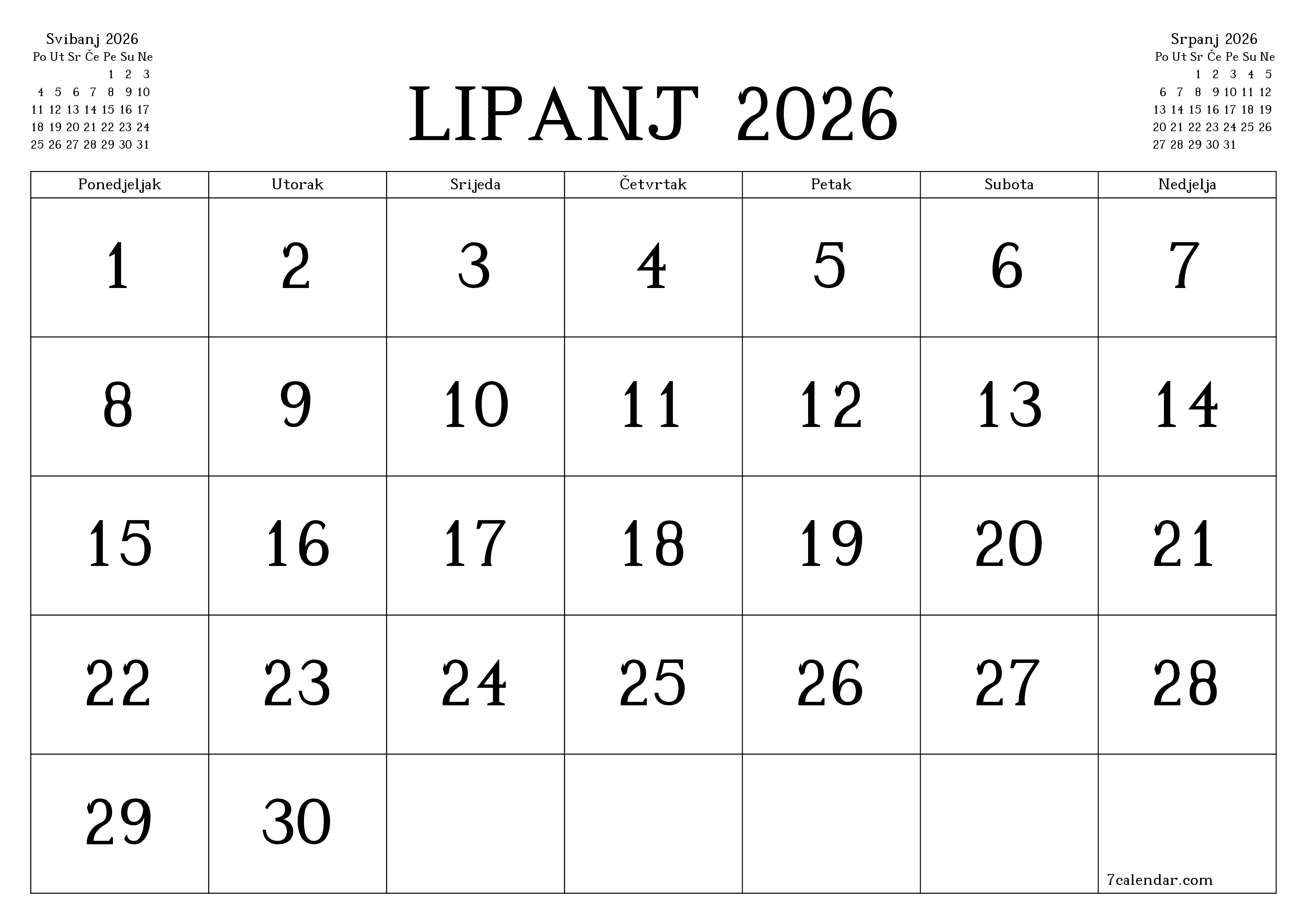 Ispraznite mjesečni planer za mjesec Lipanj 2026 s bilješkama, spremite i ispišite u PDF PNG Croatian