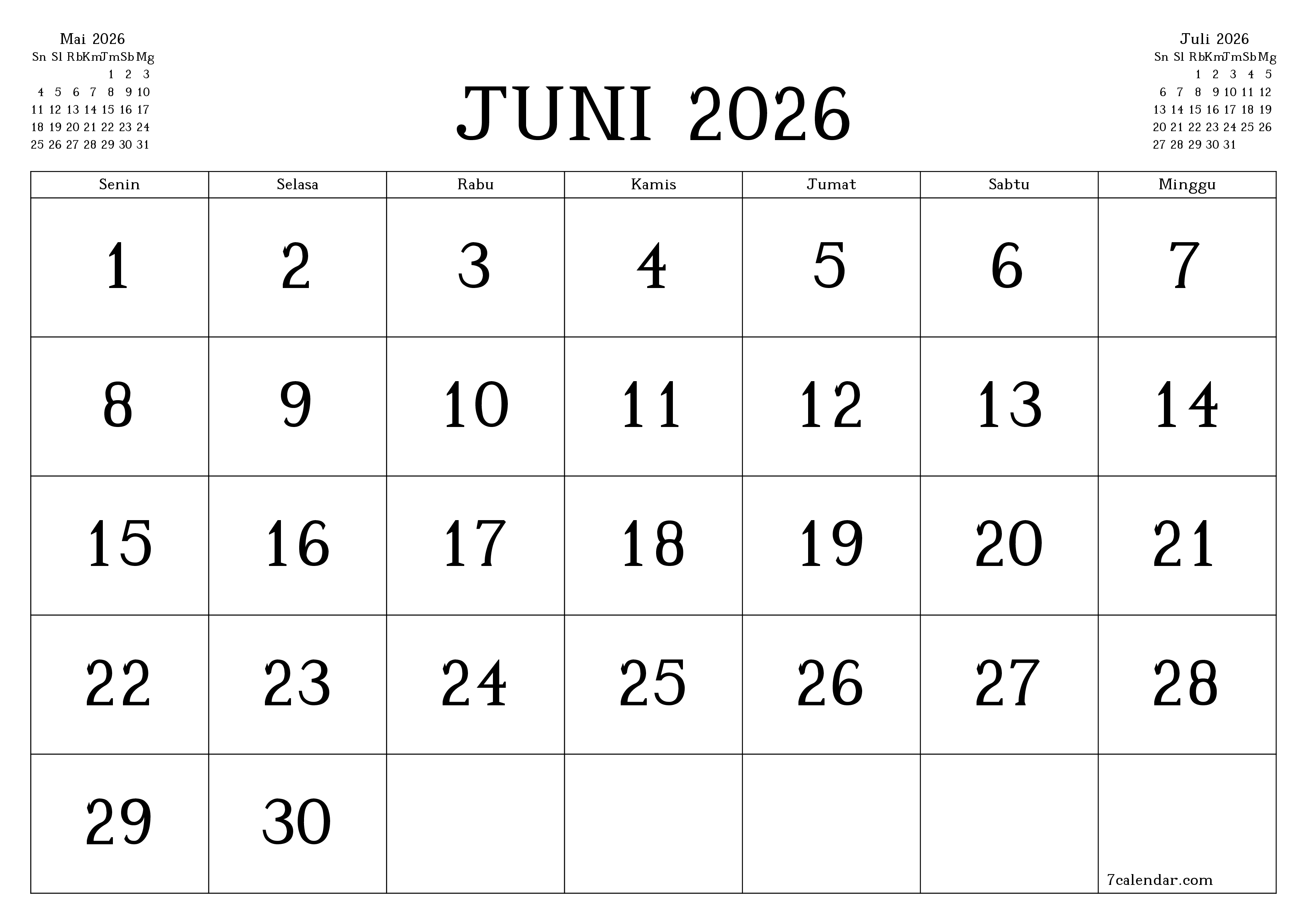 Kosongkan agenda bulanan untuk bulan Juni 2026 dengan catatan, simpan dan cetak ke PDF PNG Indonesian