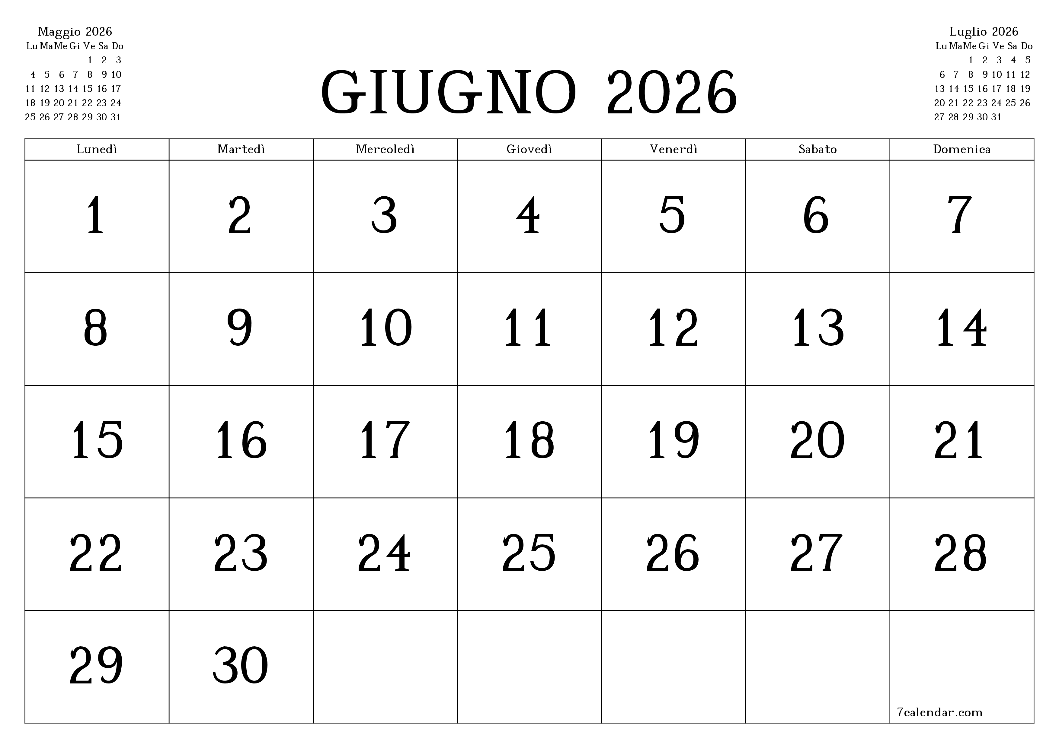 Pianificatore mensile vuoto per il mese Giugno 2026 con note, salva e stampa in PDF PNG Italian