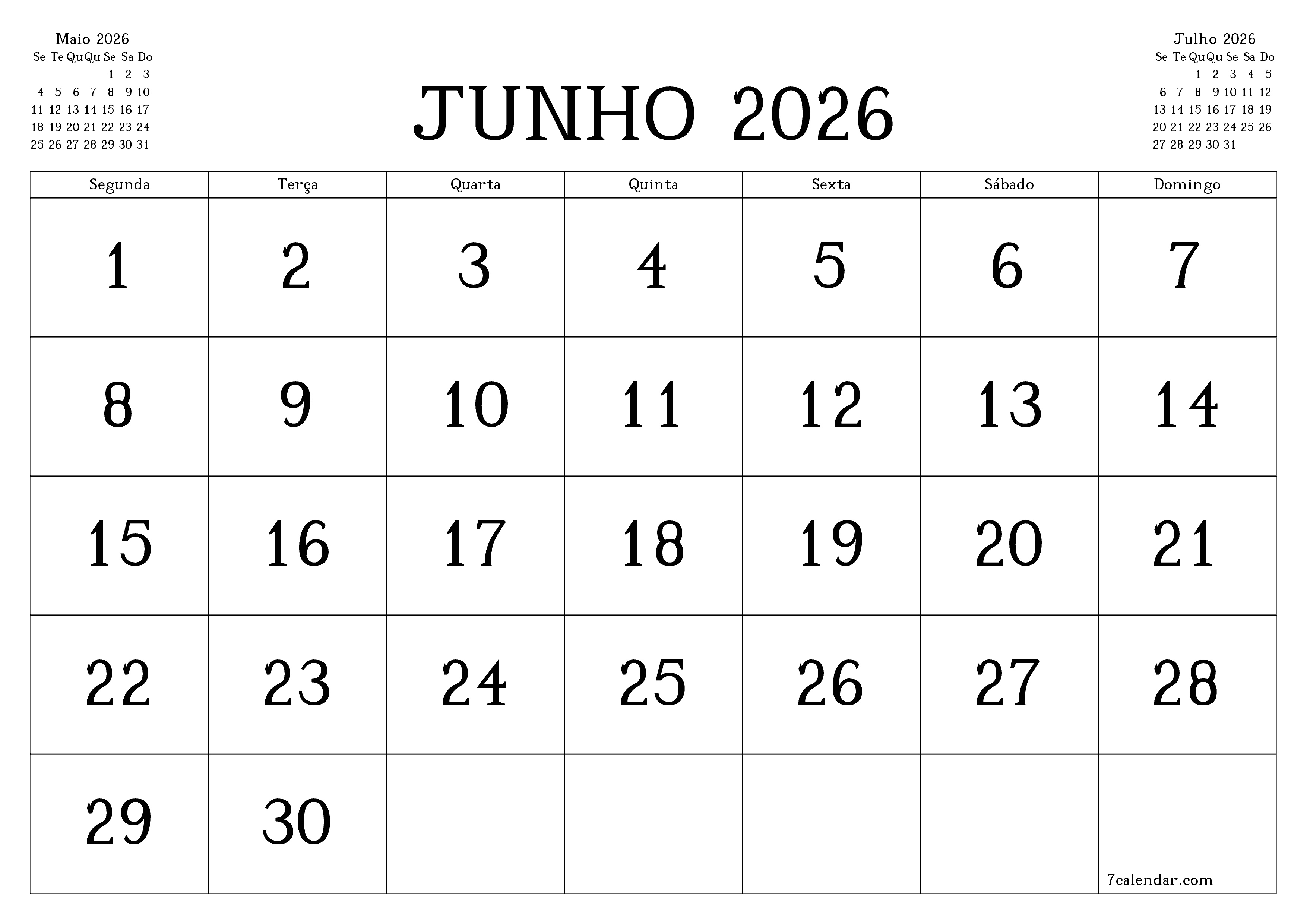 Esvazie o planejador mensal para o mês Junho 2026 com notas, salve e imprima em PDF PNG Portuguese
